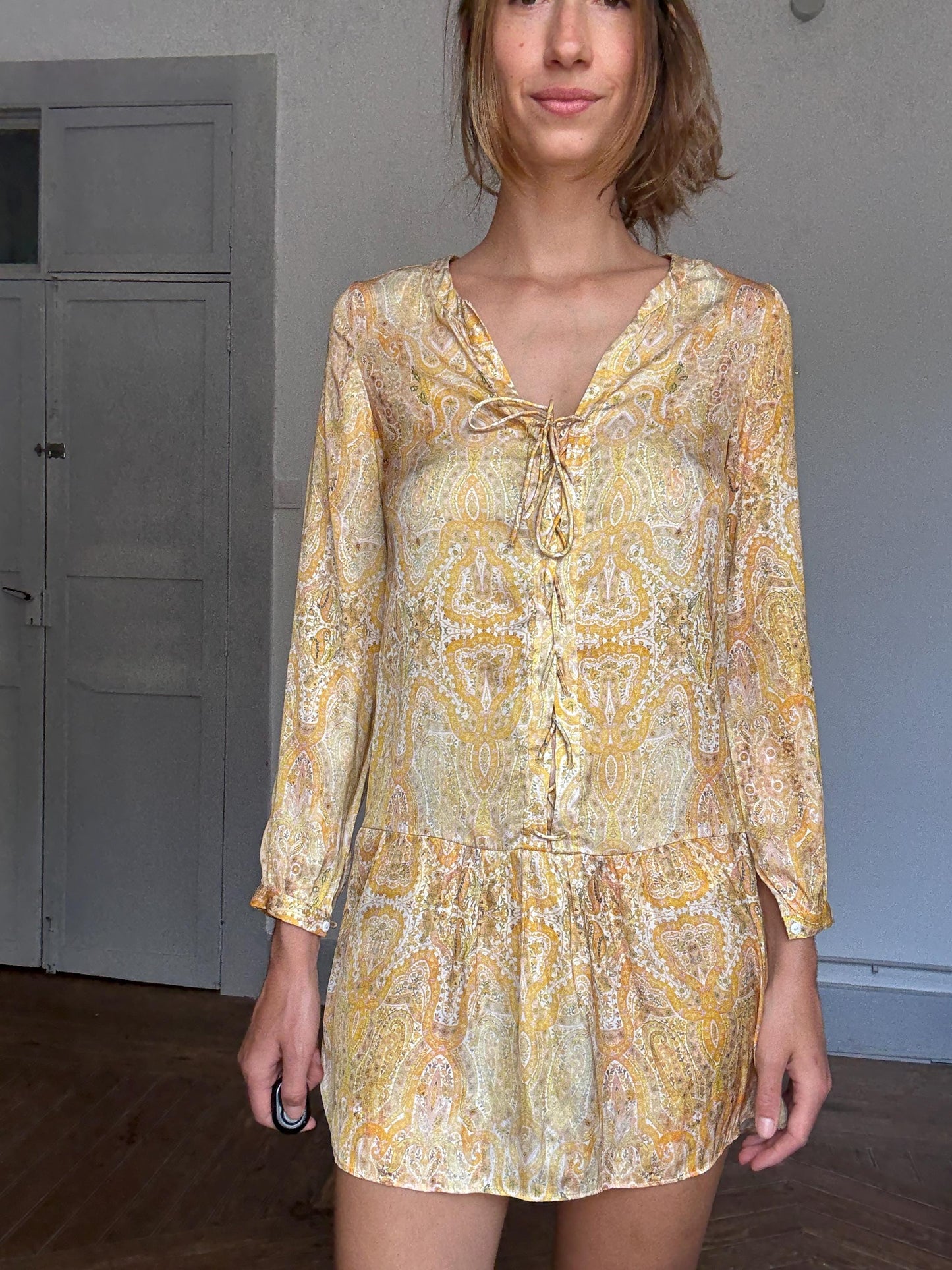 Boho Yellow Mini Dress | Lightweight Paisley Print Long Sleeve | White Lotus Vibes , Size S