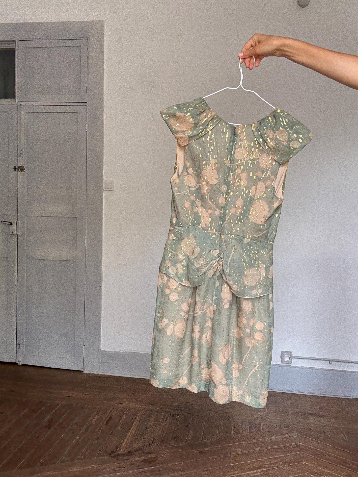 Hoss Intropia Green Silk Mini Dress | Gold Metallic Glitter | Spanish Luxury Brand | Size EU 38