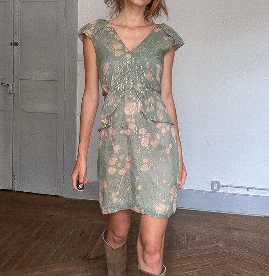 Hoss Intropia Green Silk Mini Dress | Gold Metallic Glitter | Spanish Luxury Brand | Size EU 38