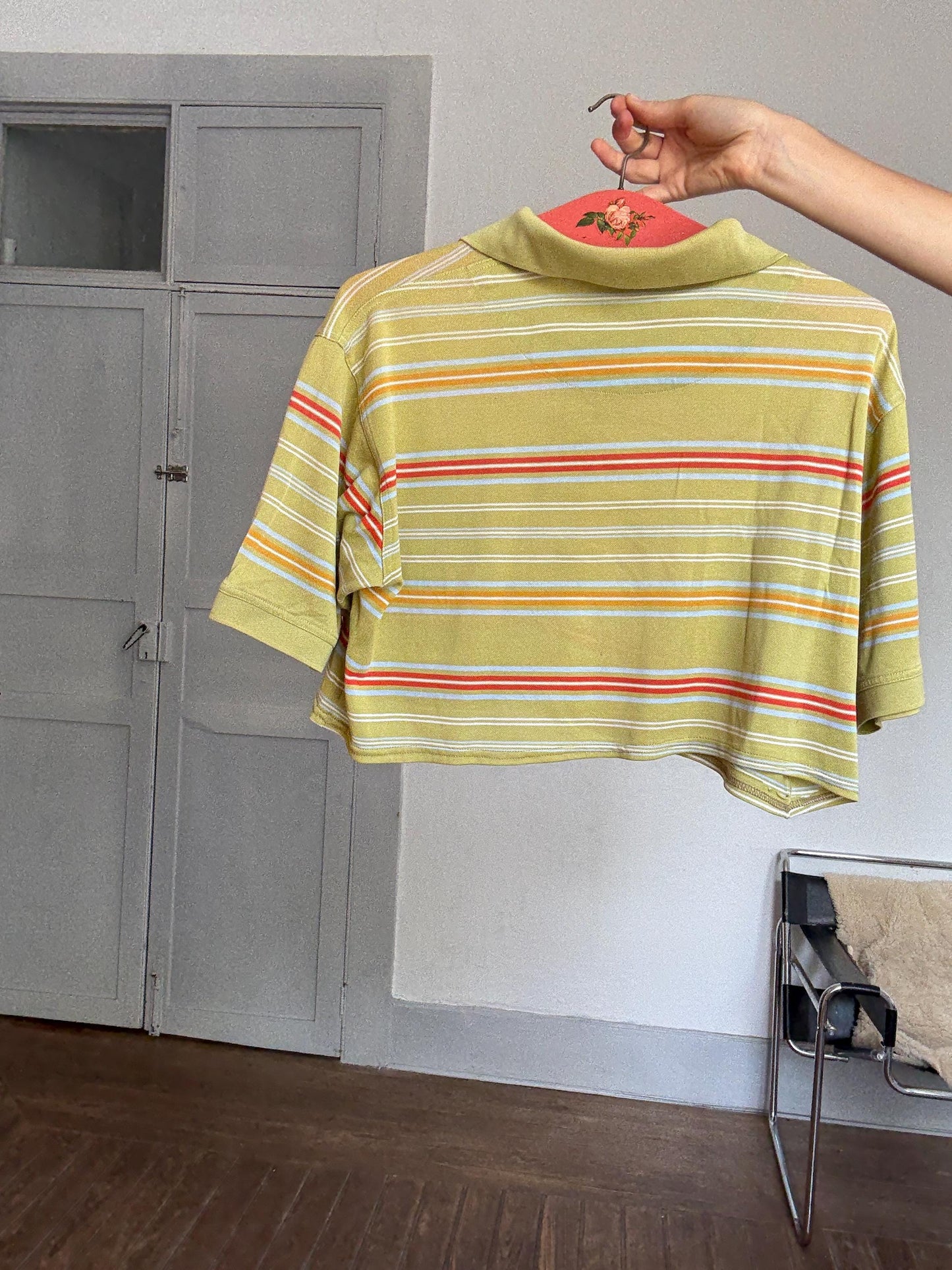 Reworked Vintage Belika Polo – Cropped Striped Polo Shirt in Cheerful Colors, Unisex Oversized Fit, Upcycled from Menswear, Size L