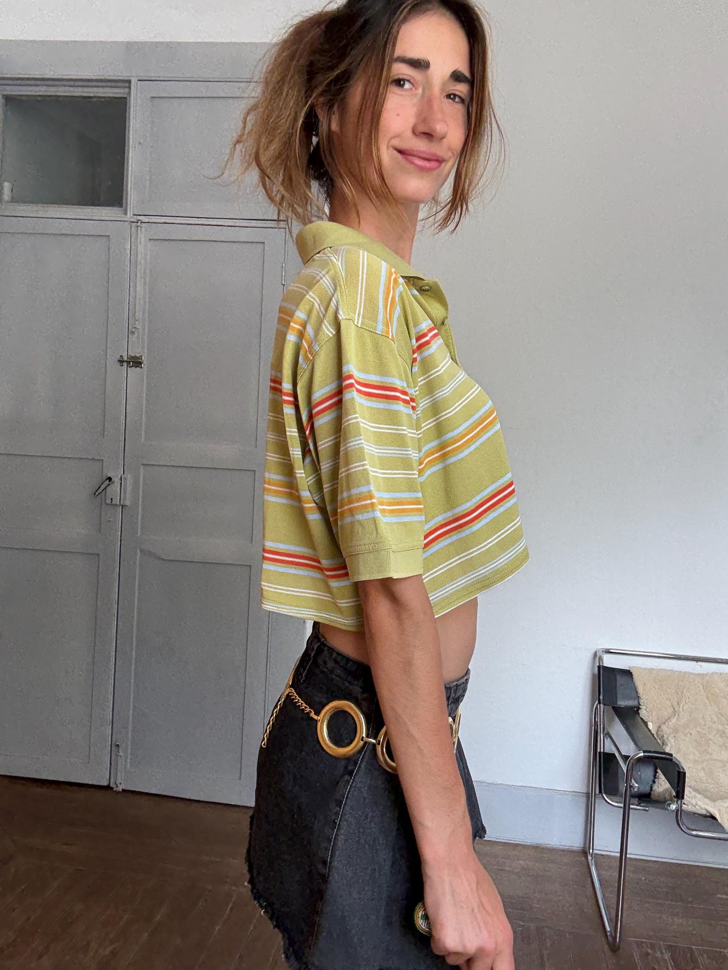 Reworked Vintage Belika Polo – Cropped Striped Polo Shirt in Cheerful Colors, Unisex Oversized Fit, Upcycled from Menswear, Size L