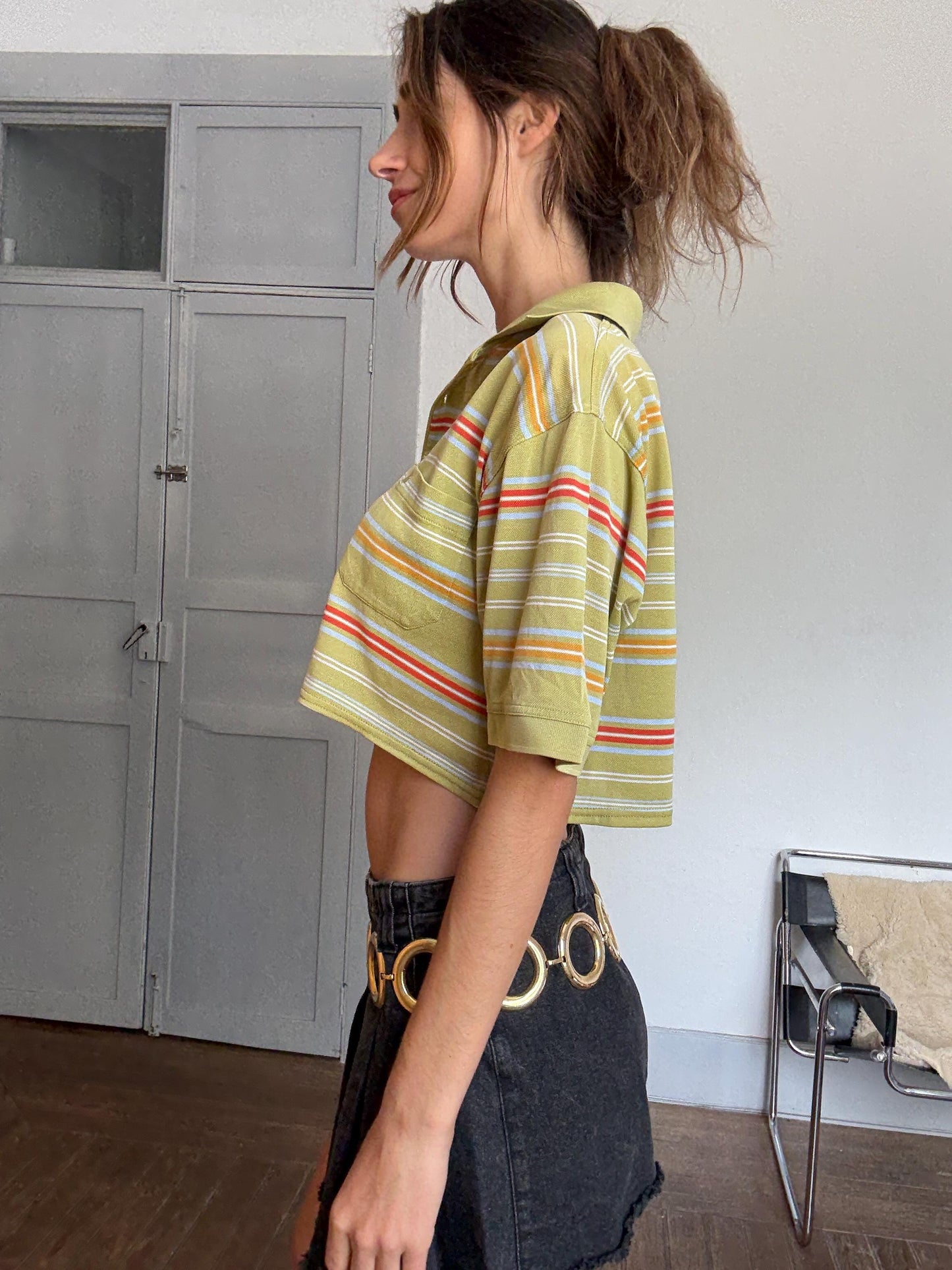 Reworked Vintage Belika Polo – Cropped Striped Polo Shirt in Cheerful Colors, Unisex Oversized Fit, Upcycled from Menswear, Size L