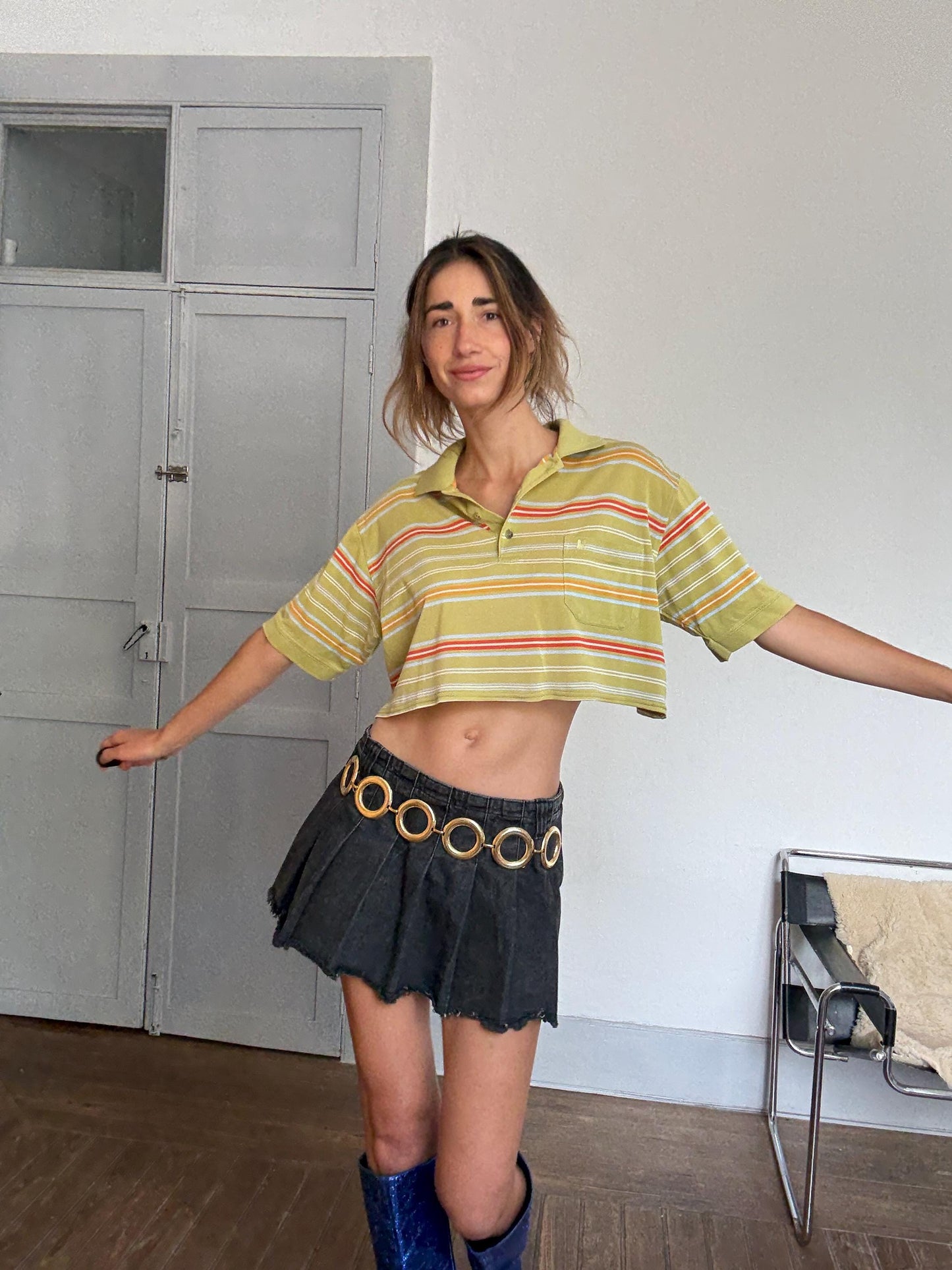 Reworked Vintage Belika Polo – Cropped Striped Polo Shirt in Cheerful Colors, Unisex Oversized Fit, Upcycled from Menswear, Size L