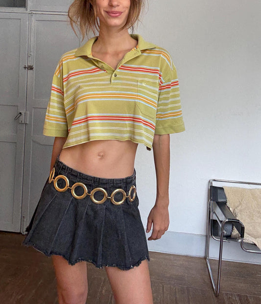 Reworked Vintage Belika Polo – Cropped Striped Polo Shirt in Cheerful Colors, Unisex Oversized Fit, Upcycled from Menswear, Size L