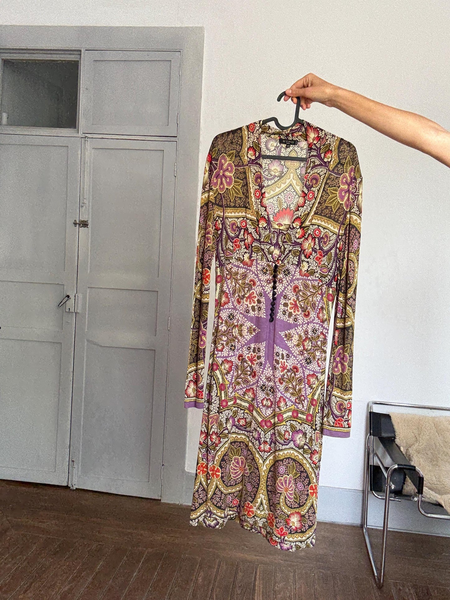 Vintage Etro Milano Designer Dress – Bold Bohemian Print, Made in Italy, Soft Stretch Fabric, Long Sleeve Luxury Piece, Size 46