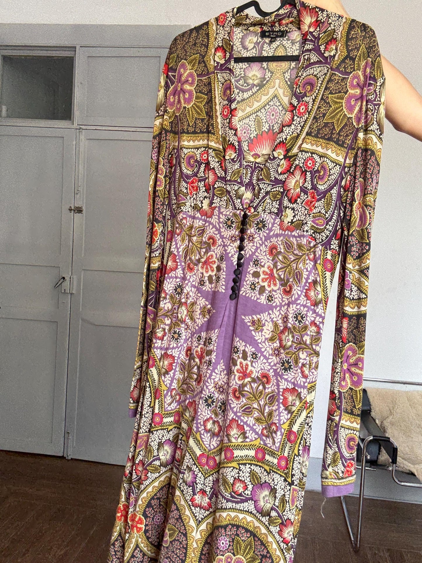 Vintage Etro Milano Designer Dress – Bold Bohemian Print, Made in Italy, Soft Stretch Fabric, Long Sleeve Luxury Piece, Size 46