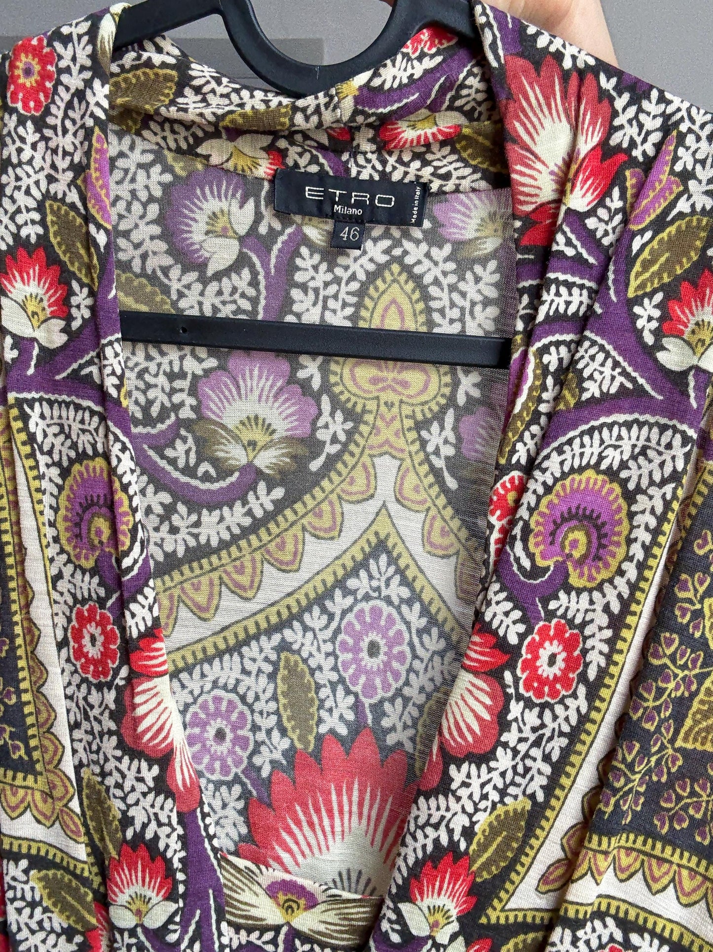 Vintage Etro Milano Designer Dress – Bold Bohemian Print, Made in Italy, Soft Stretch Fabric, Long Sleeve Luxury Piece, Size 46