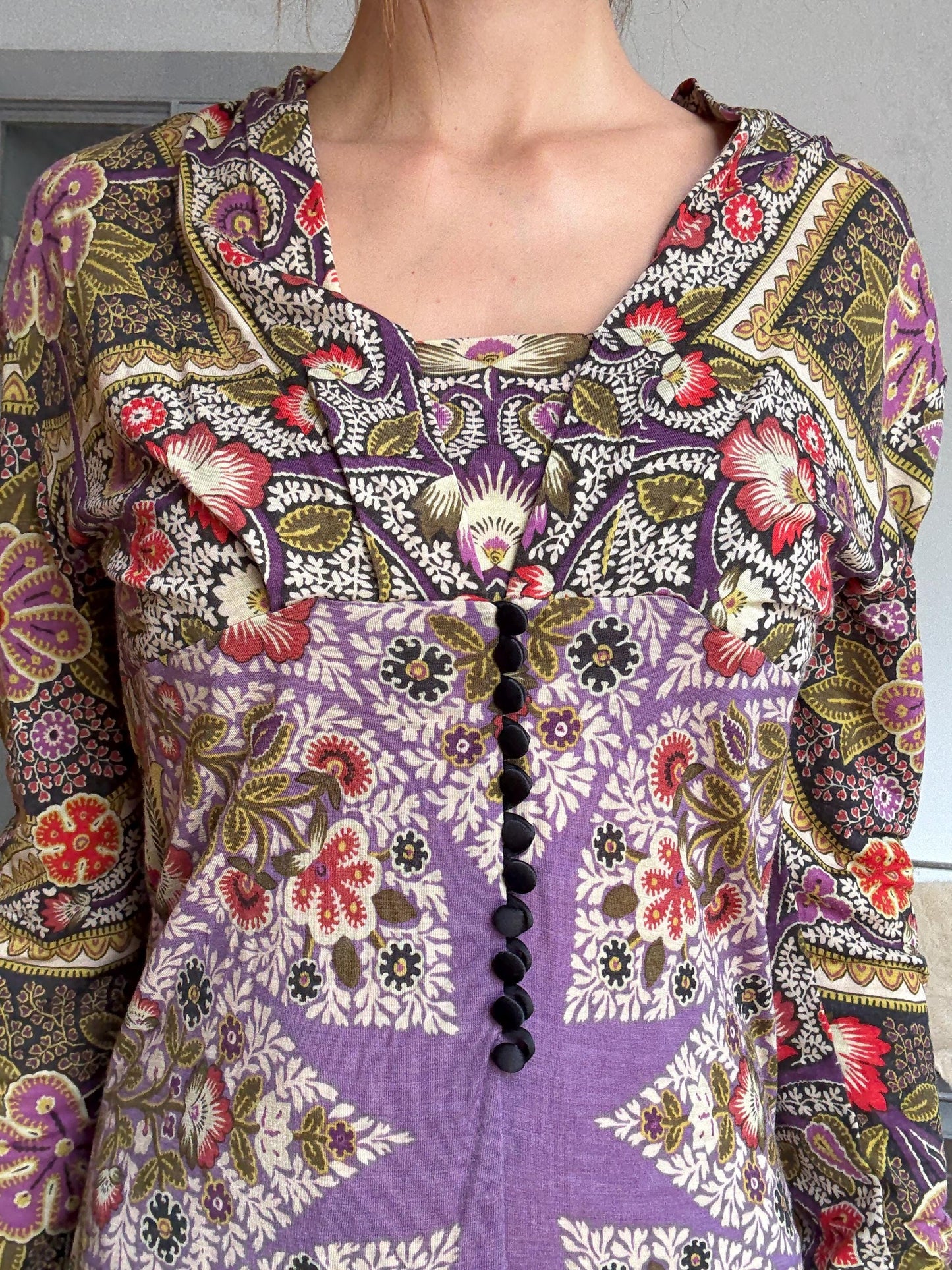 Vintage Etro Milano Designer Dress – Bold Bohemian Print, Made in Italy, Soft Stretch Fabric, Long Sleeve Luxury Piece, Size 46