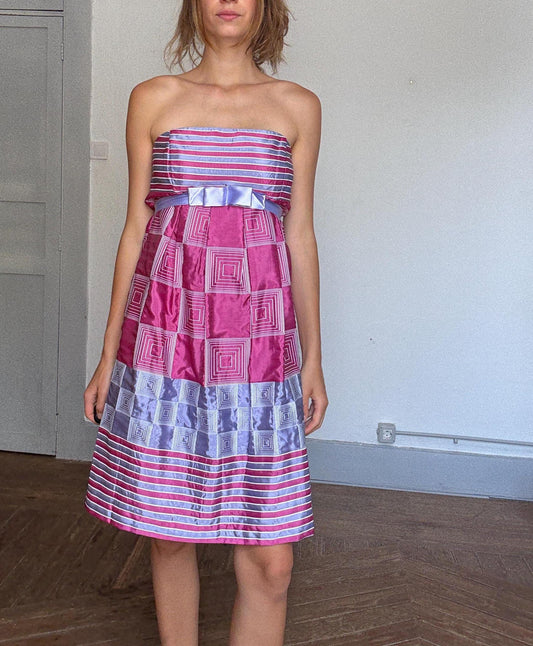Vintage Strapless Party Dress – Geometric Pink & Lilac Bow Dress – Made in Spain – Size L/XL – Statement Occasion Look