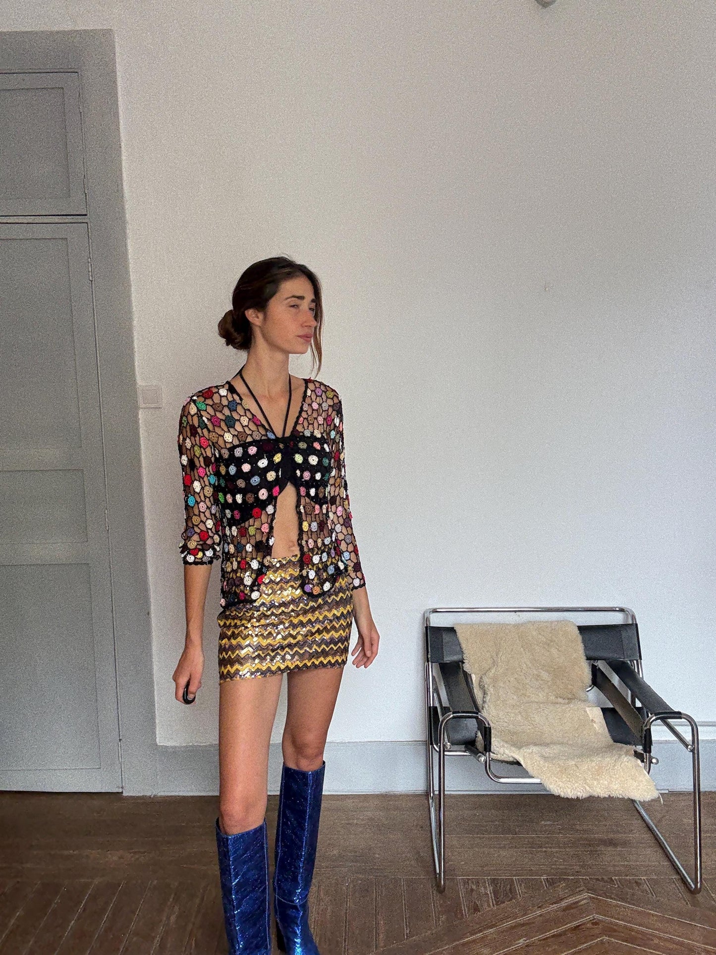 Sequin Mini Skirt – Vintage Party Skirt in Zigzag Gold Sparkle, Festive Y2K Night Out Piece, Size L, NYE/Christmas Look