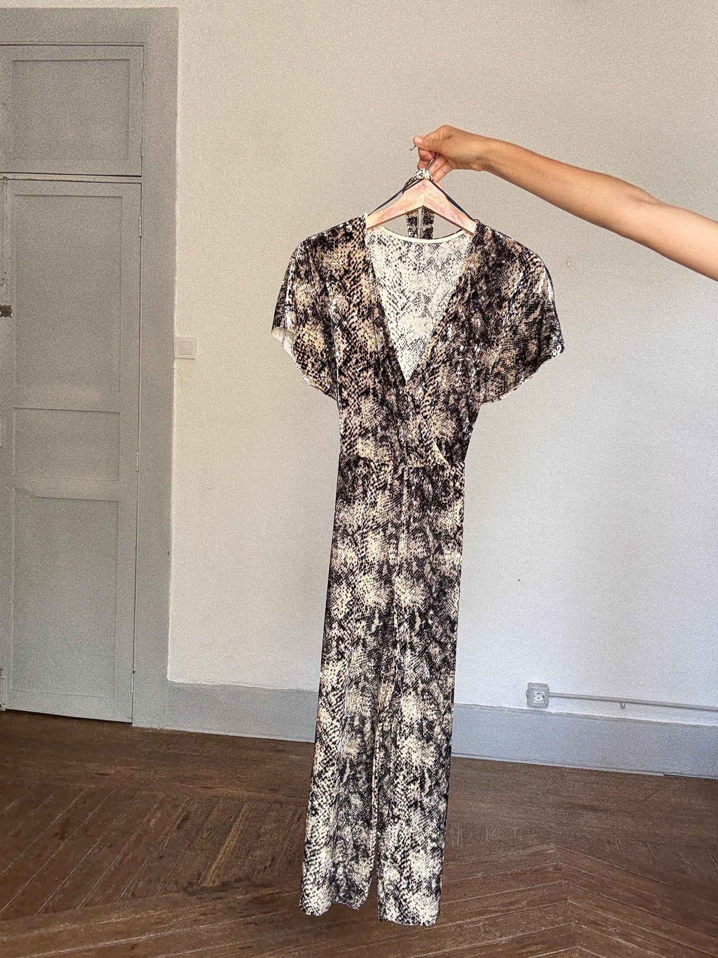 Snake print wrap jumpsuit with belt – comfy stretchy fit, flattering cut, perfect for summer city walks or a poolside aperitif, Size S