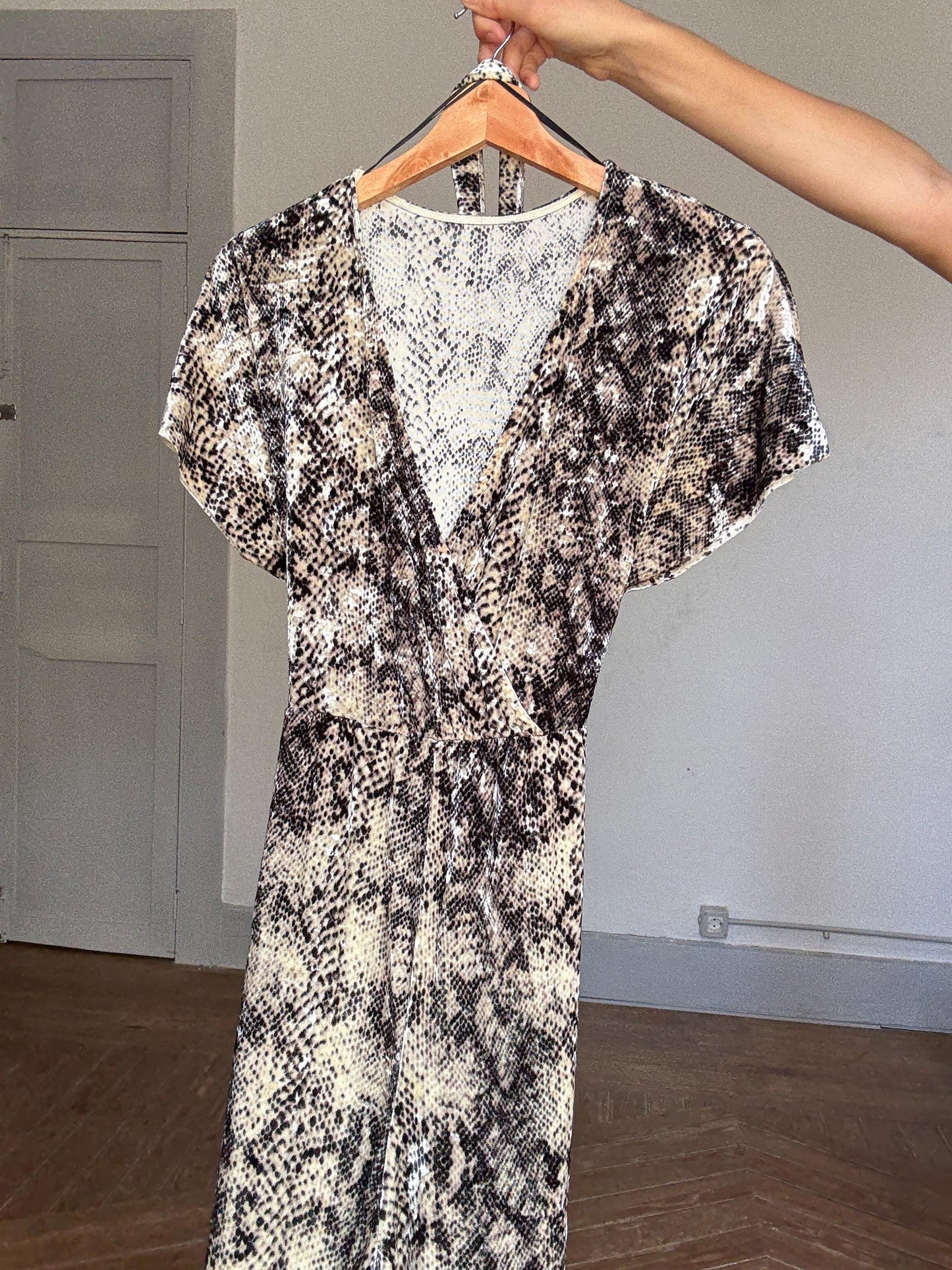 Snake print wrap jumpsuit with belt – comfy stretchy fit, flattering cut, perfect for summer city walks or a poolside aperitif, Size S