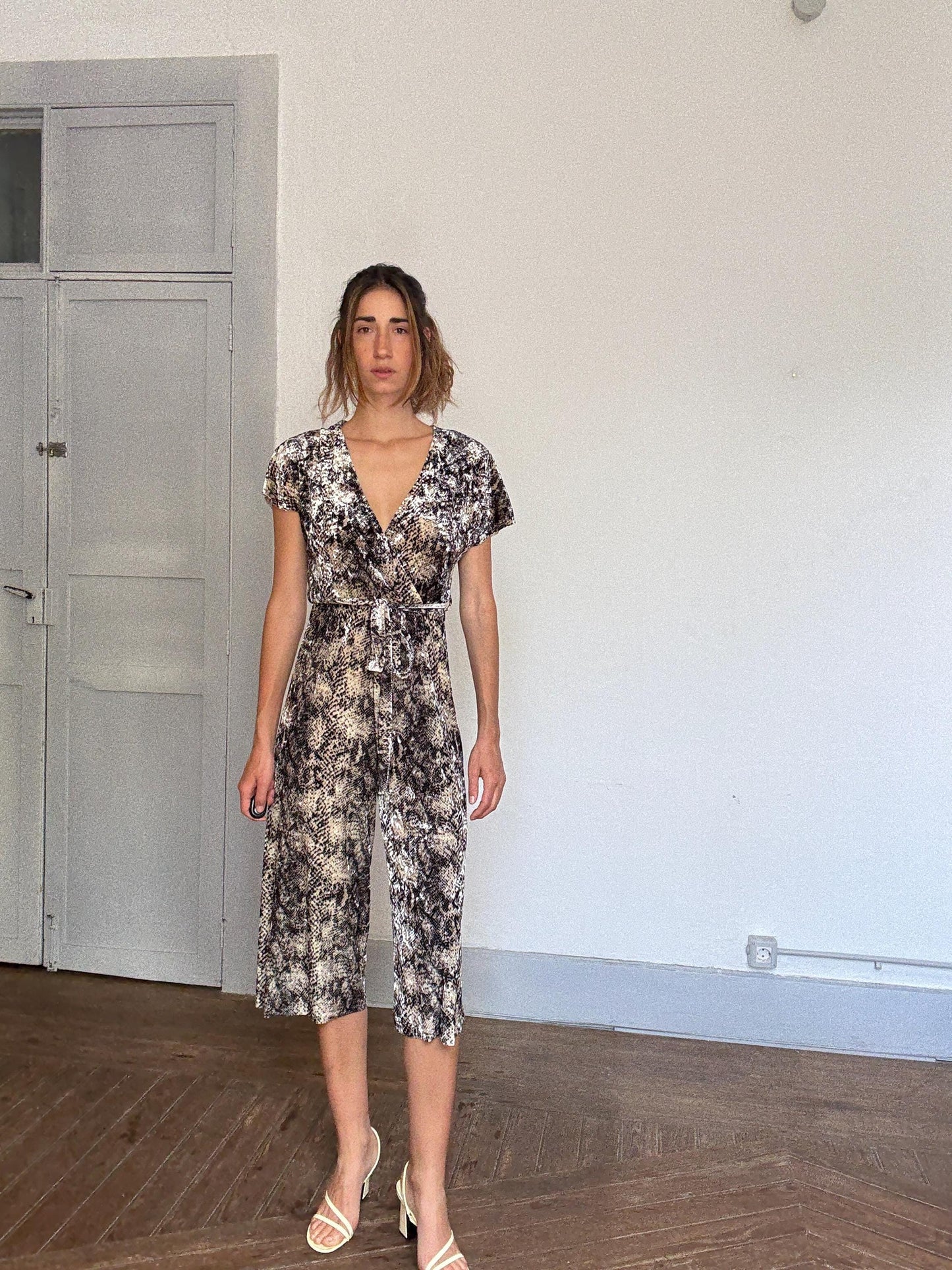 Snake print wrap jumpsuit with belt – comfy stretchy fit, flattering cut, perfect for summer city walks or a poolside aperitif, Size S