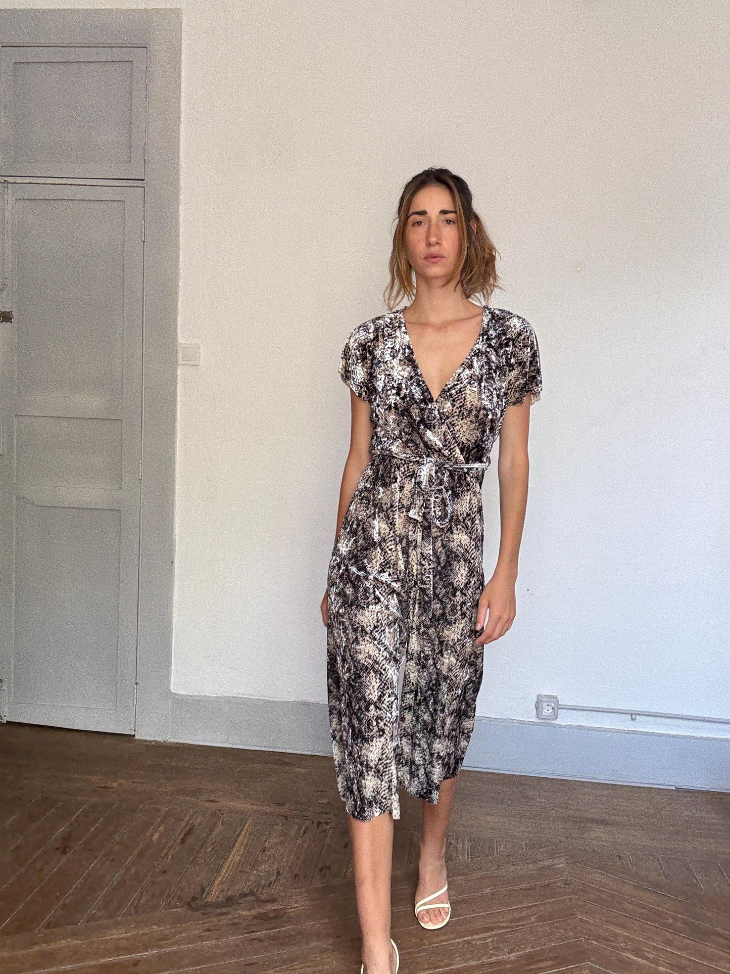 Snake print wrap jumpsuit with belt – comfy stretchy fit, flattering cut, perfect for summer city walks or a poolside aperitif, Size S