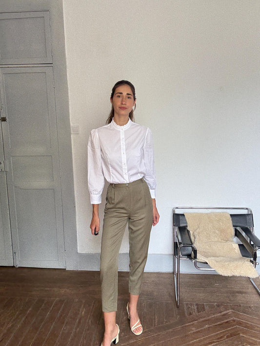 Vintage Italian Wool Trousers – Green Pleated High Waist Pants, Light Academia Workwear, 100% Wool, Made in Italy, Size XS - S