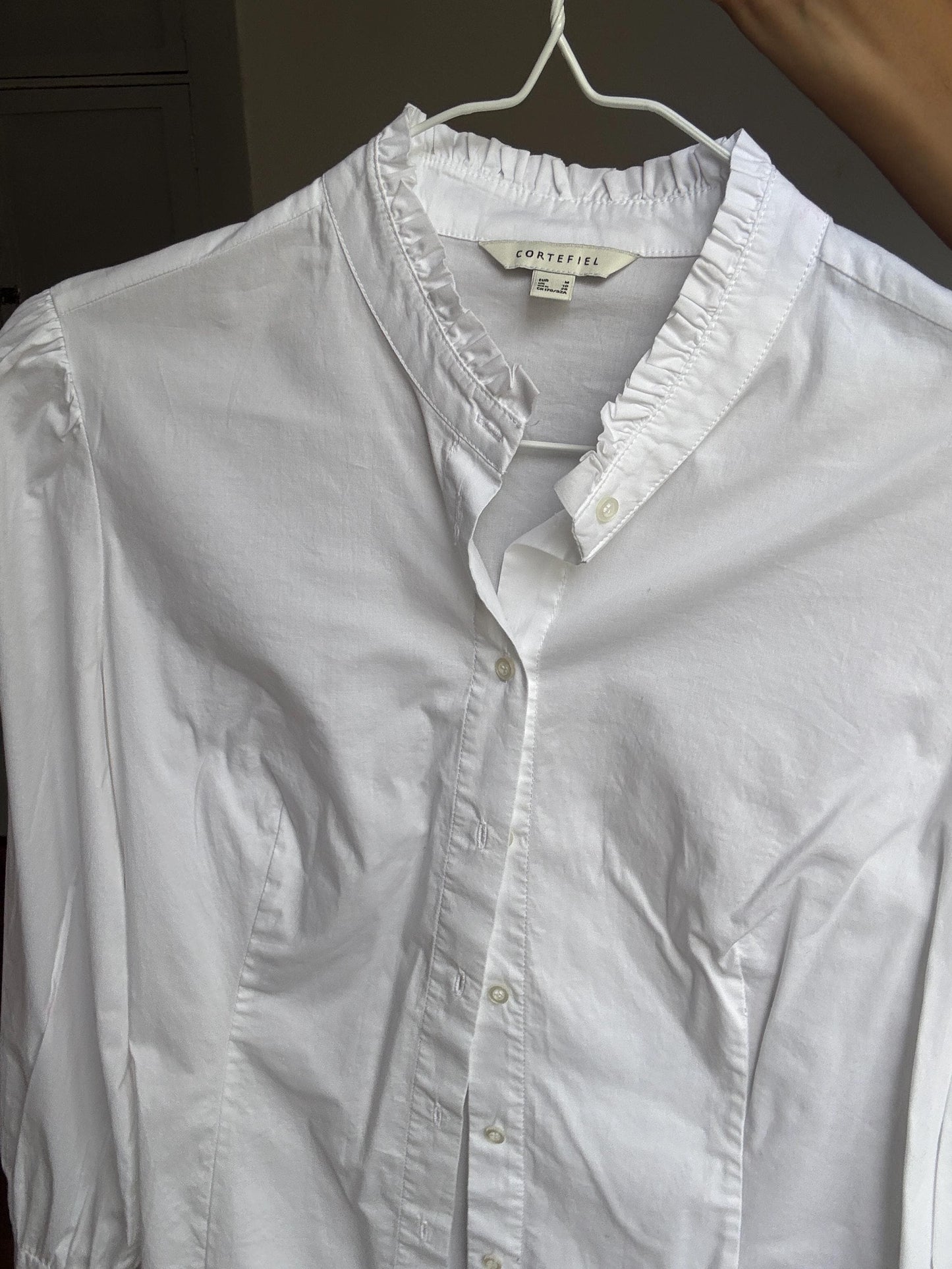 Vintage White Cotton Ruffle Blouse – Mock Neck Formal Shirt, Size 38 M, Elegant Officewear
