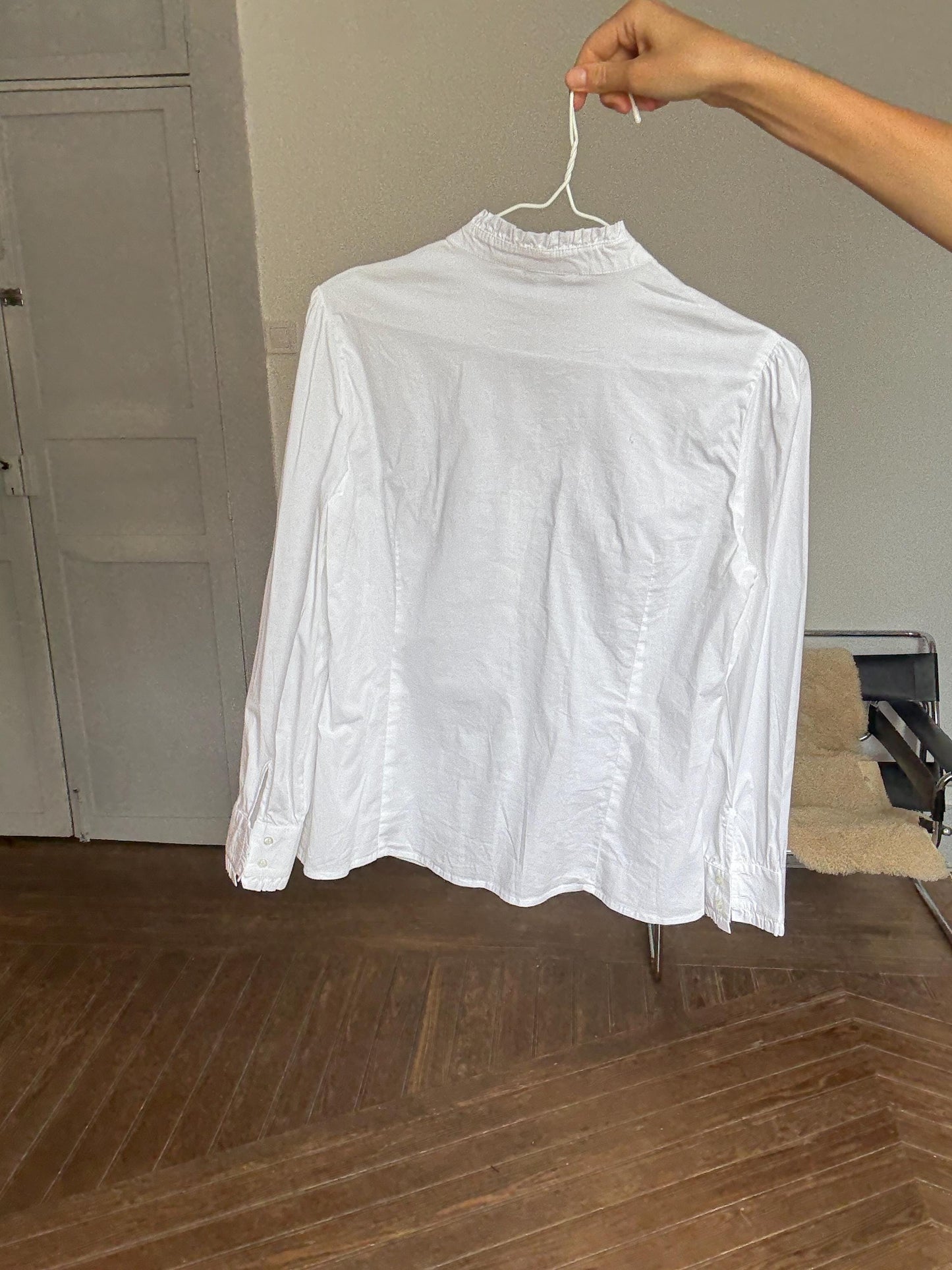 Vintage White Cotton Ruffle Blouse – Mock Neck Formal Shirt, Size 38 M, Elegant Officewear