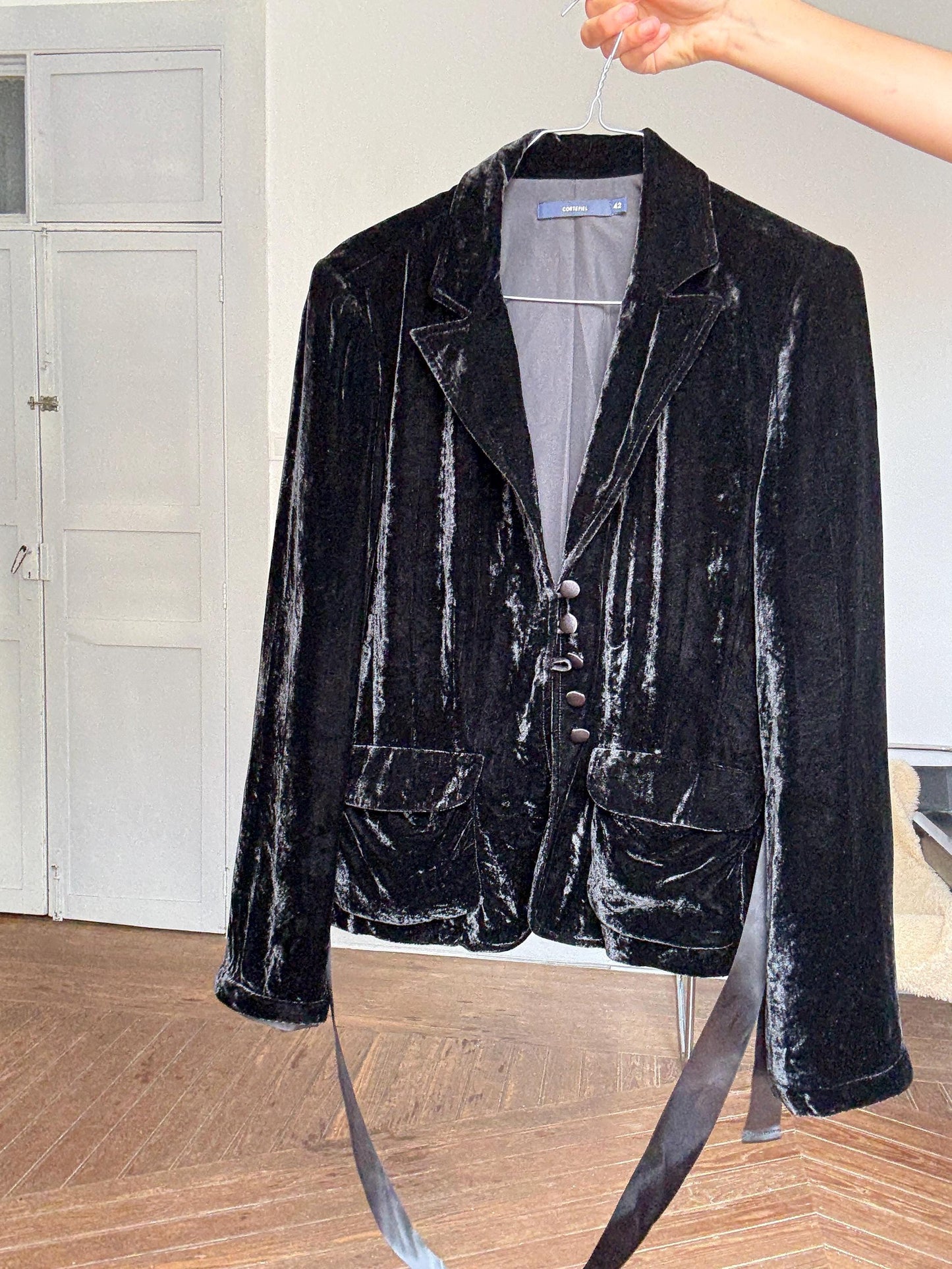 Romantic Velvet Black Blazer | Cortefiel Vintage Y2K Gothic Coquette Ribbon Jacket, Size EU 42