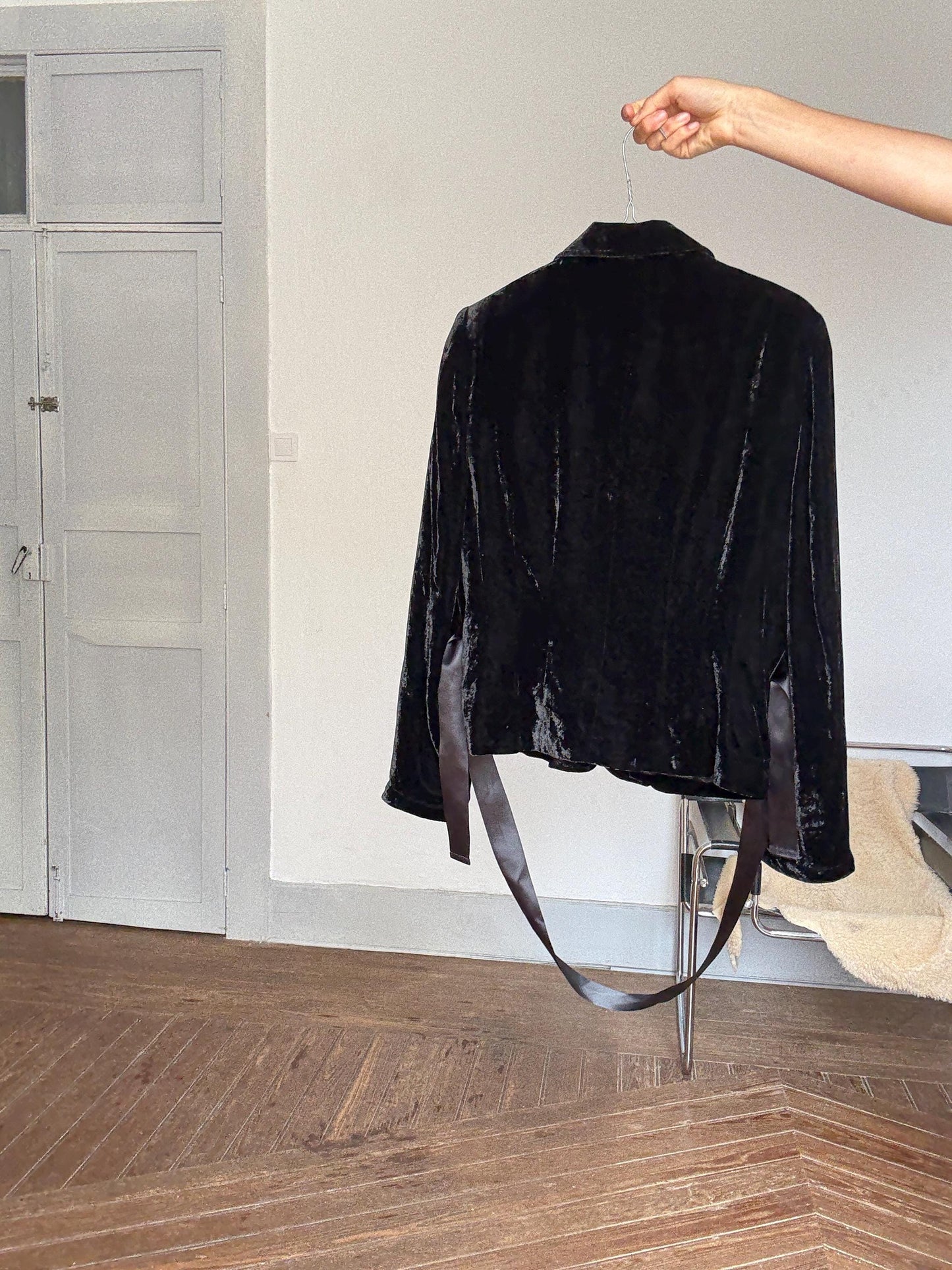 Romantic Velvet Black Blazer | Cortefiel Vintage Y2K Gothic Coquette Ribbon Jacket, Size EU 42