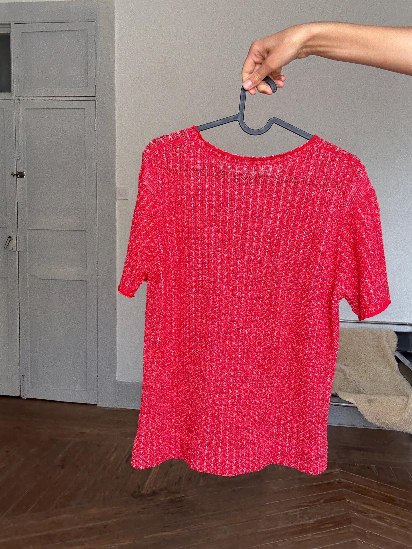 Vintage Lasserre Semi-Sheer Red Knit Top | French Chic Summer Layer | See-Through Parisian Blouse