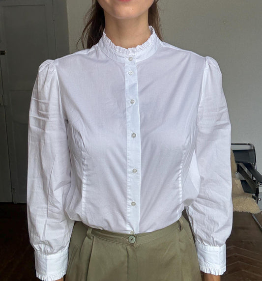 Vintage White Cotton Ruffle Blouse – Mock Neck Formal Shirt, Size 38 M, Elegant Officewear