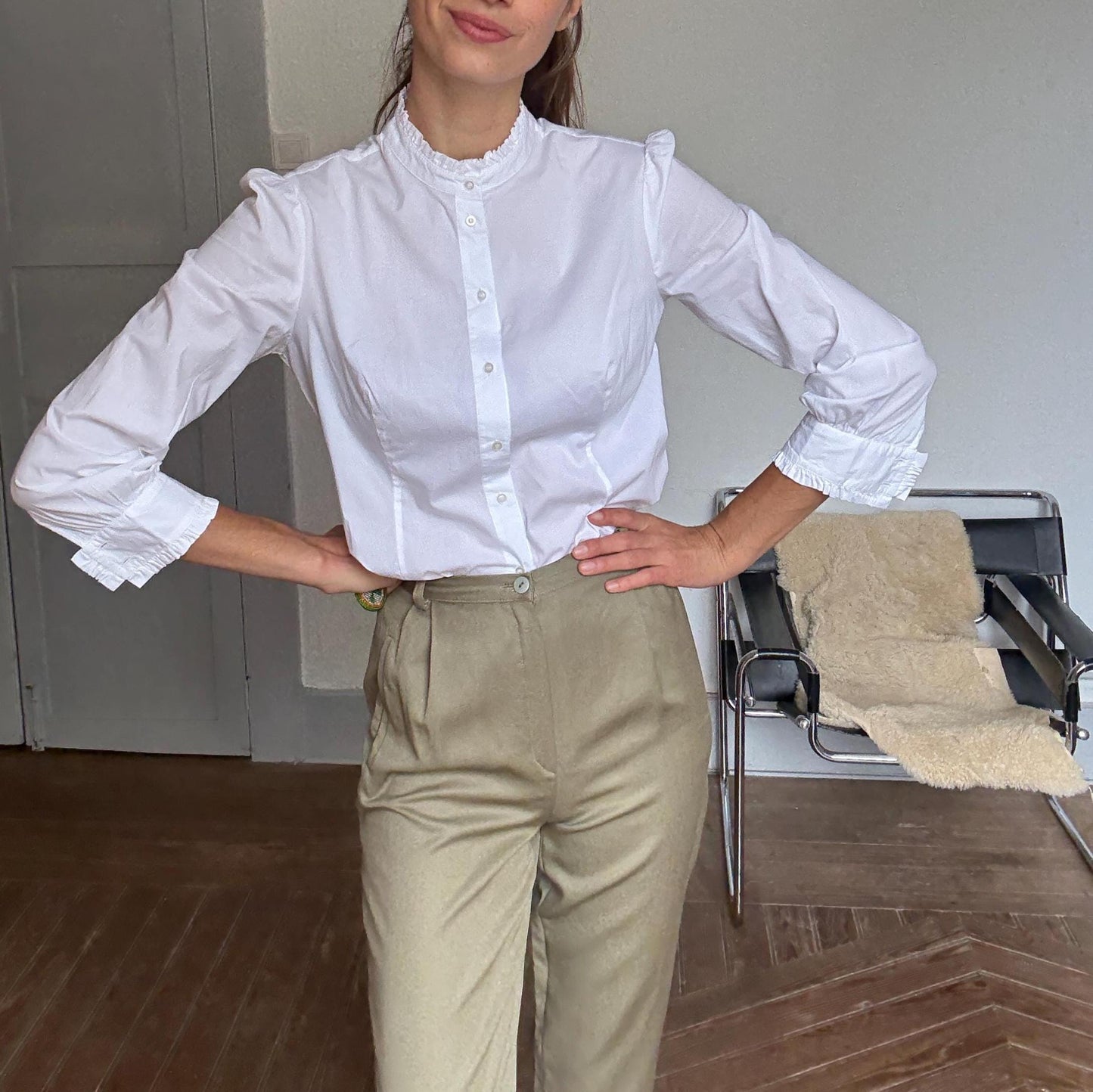 Vintage White Cotton Ruffle Blouse – Mock Neck Formal Shirt, Size 38 M, Elegant Officewear