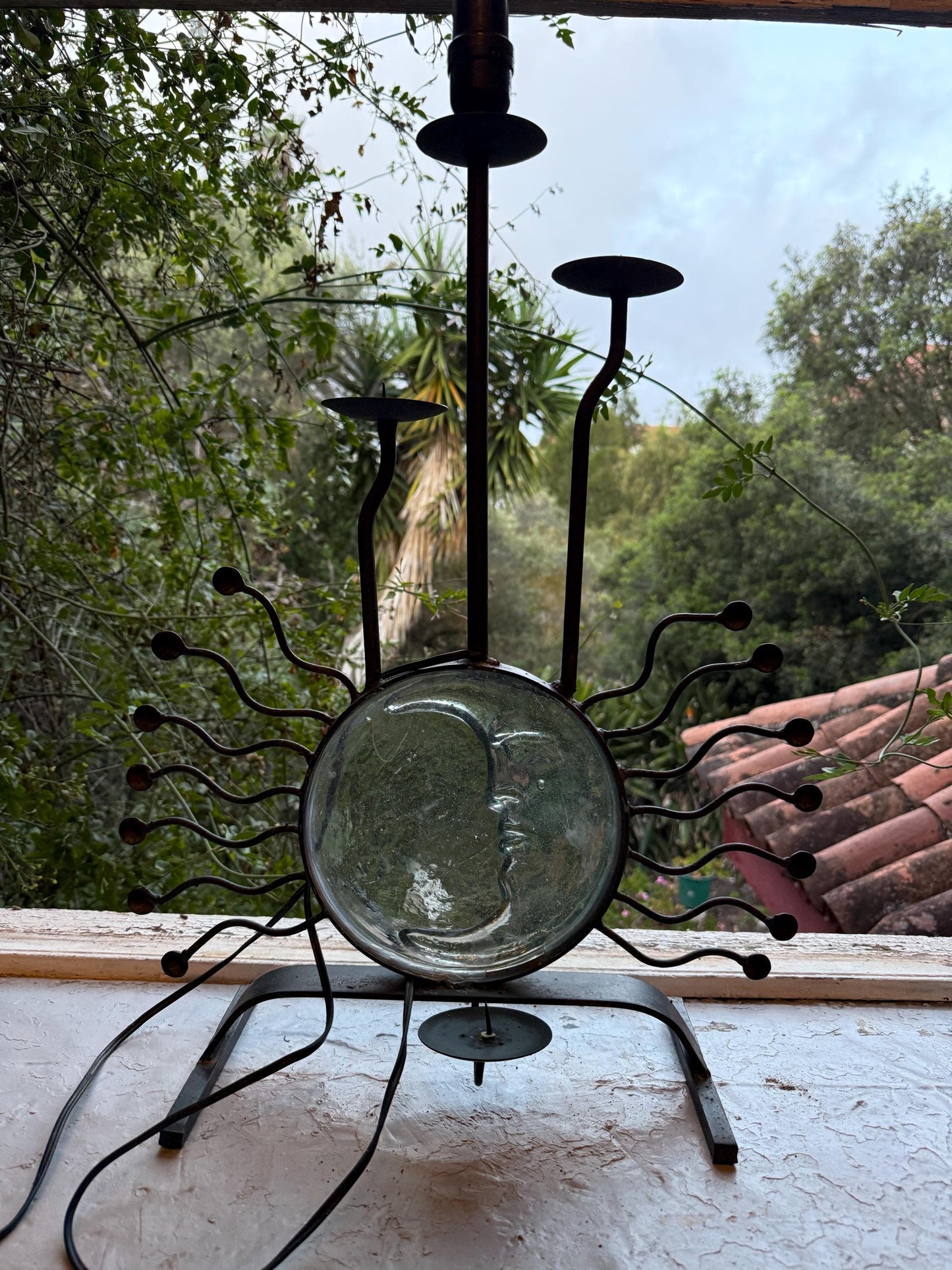 Vintage moon face lamp in iron & glass with candle holders + E27 bulb socket — celestial gothic boho home decor, mystical altar light