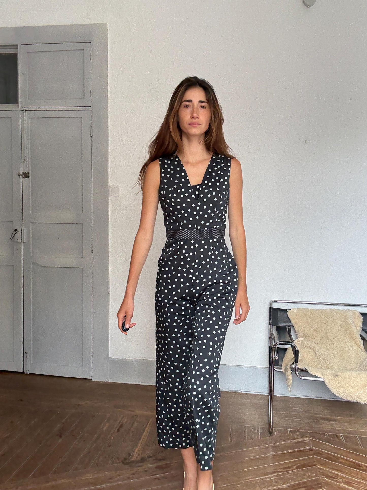 Vintage polka dot jumpsuit – blue dot wide leg one piece, elegant 2000s retro cut, great for petites, summer chic, Size M