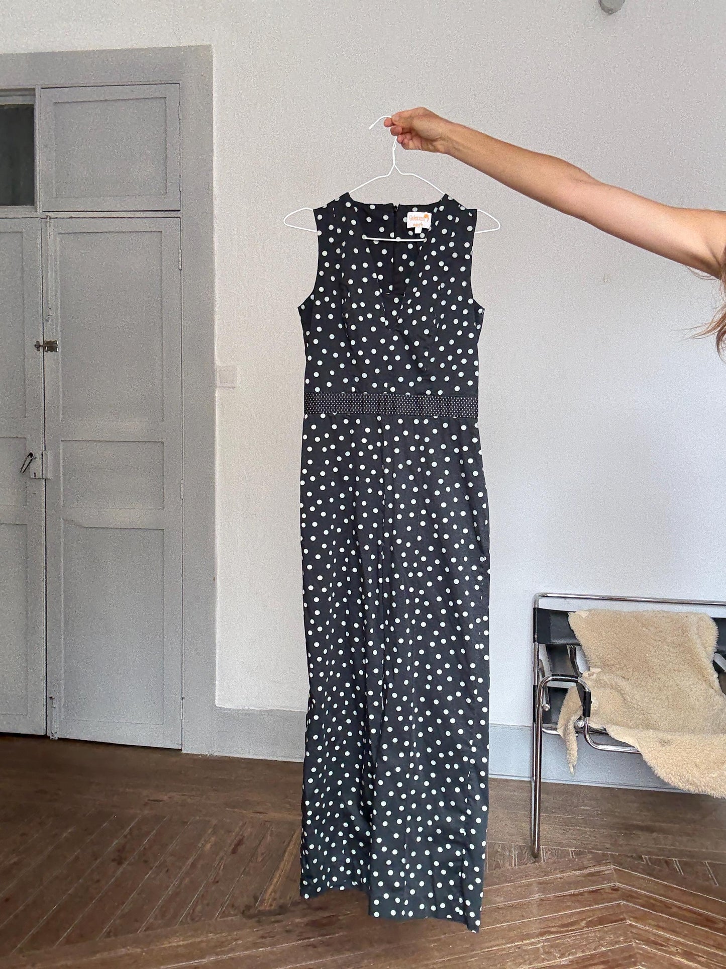 Vintage polka dot jumpsuit – blue dot wide leg one piece, elegant 2000s retro cut, great for petites, summer chic, Size M