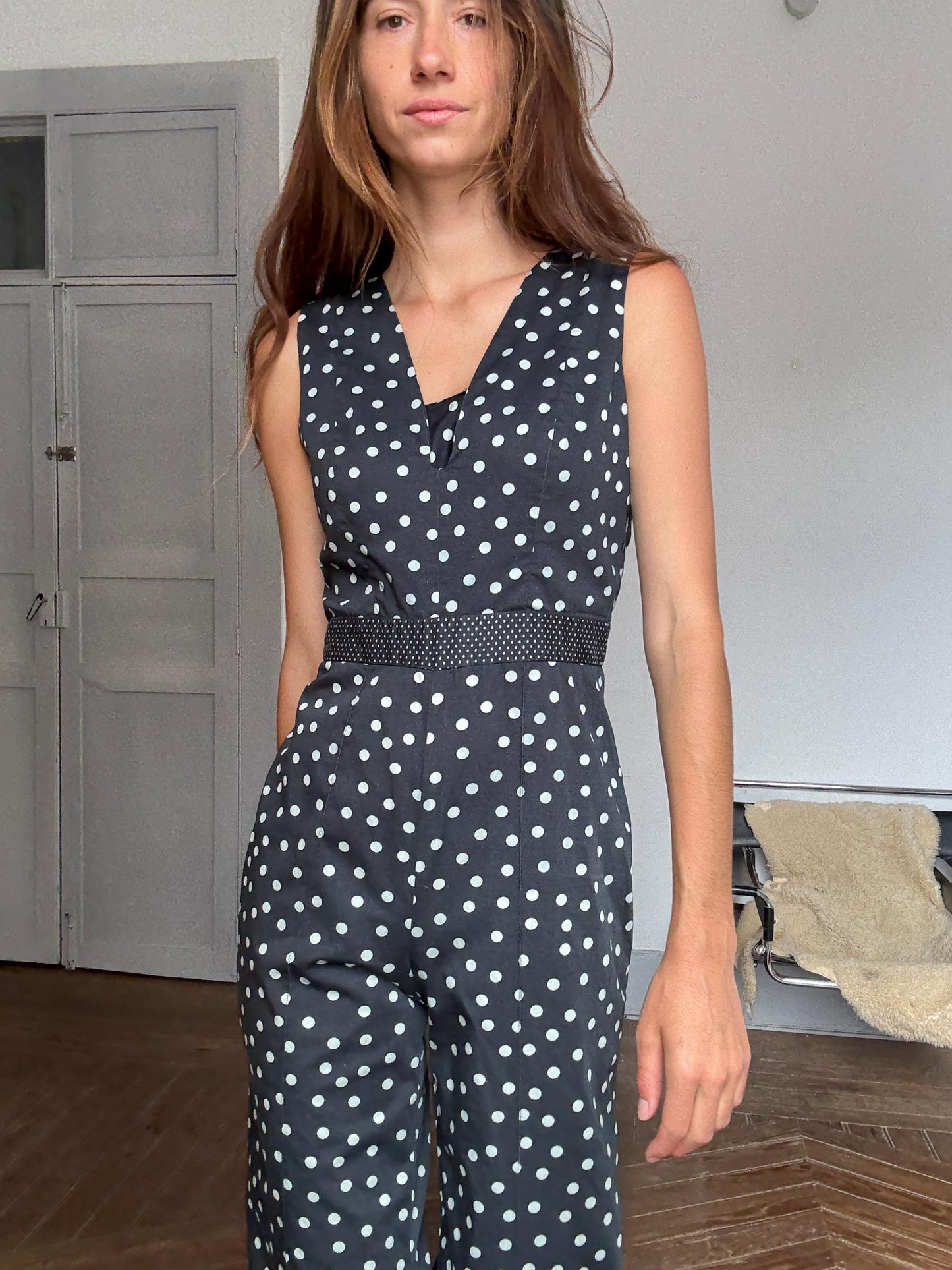 Vintage polka dot jumpsuit – blue dot wide leg one piece, elegant 2000s retro cut, great for petites, summer chic, Size M