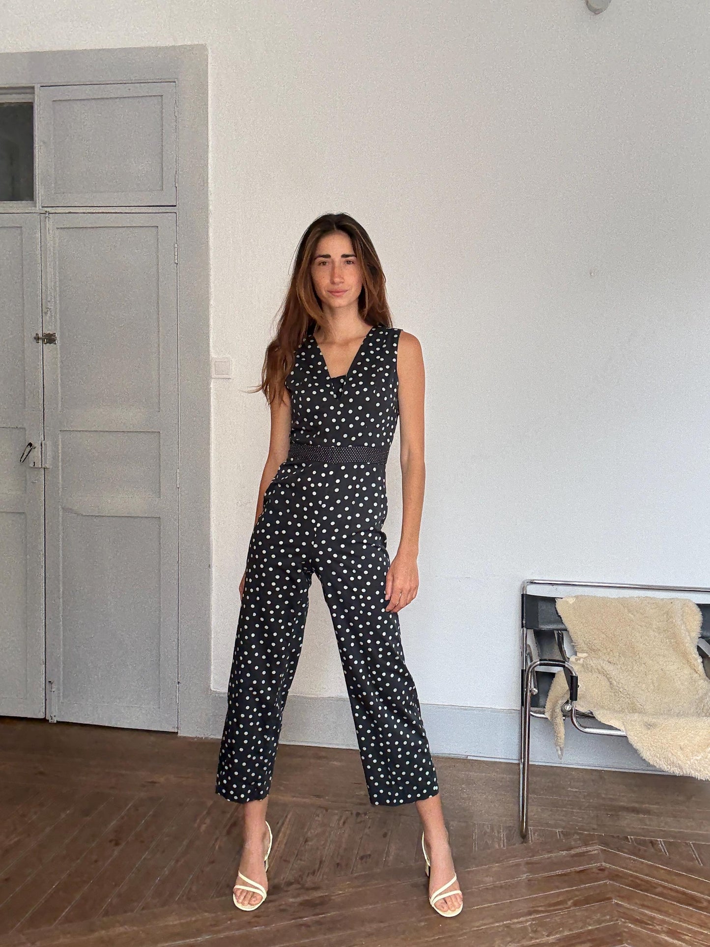 Vintage polka dot jumpsuit – blue dot wide leg one piece, elegant 2000s retro cut, great for petites, summer chic, Size M