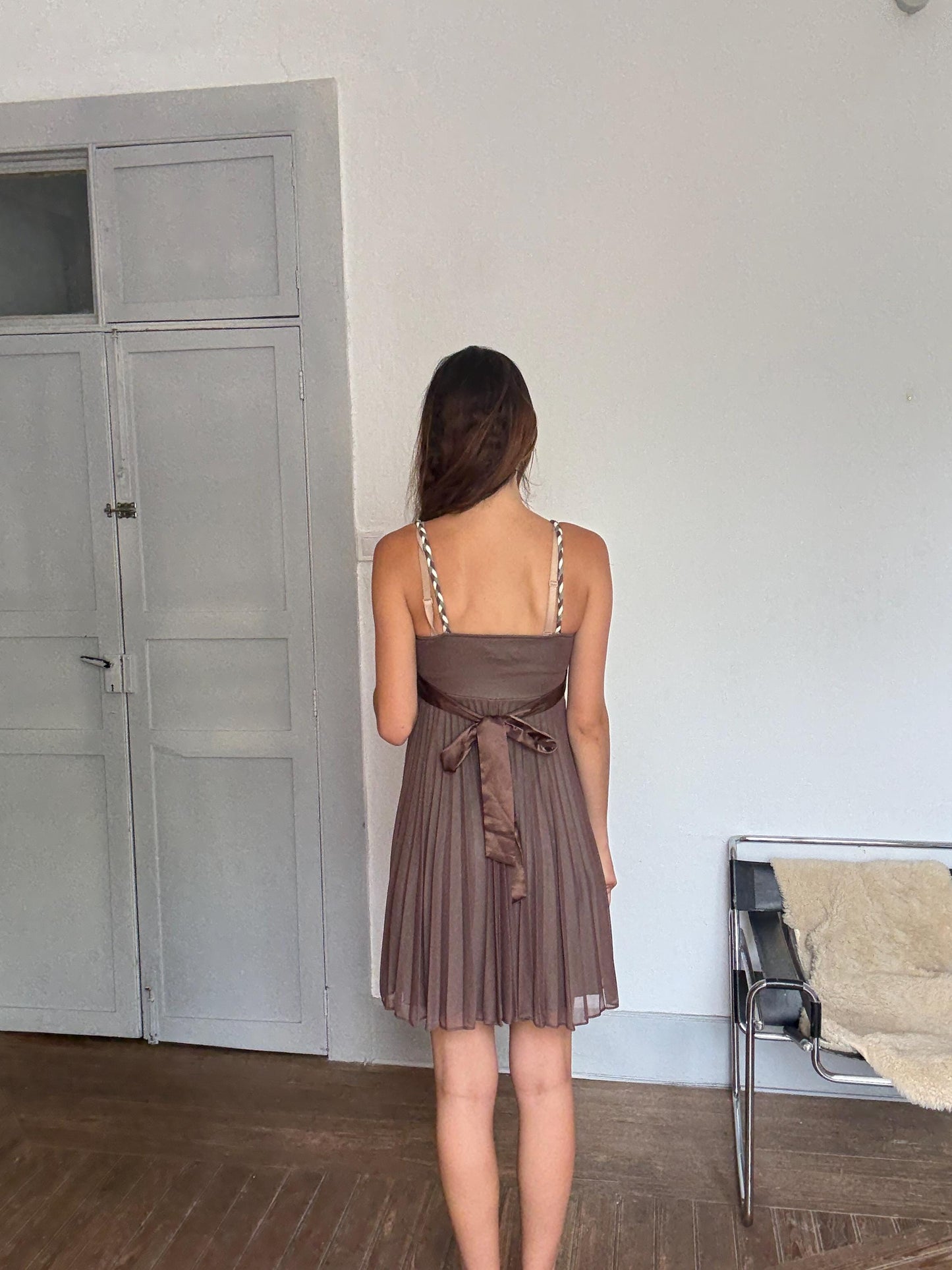 Y2K Pleated Mini Dress – Sheer Brown Colorblock – Vintage 2000s Party Dress with Braided Straps – Upcycle Project Size EU 38