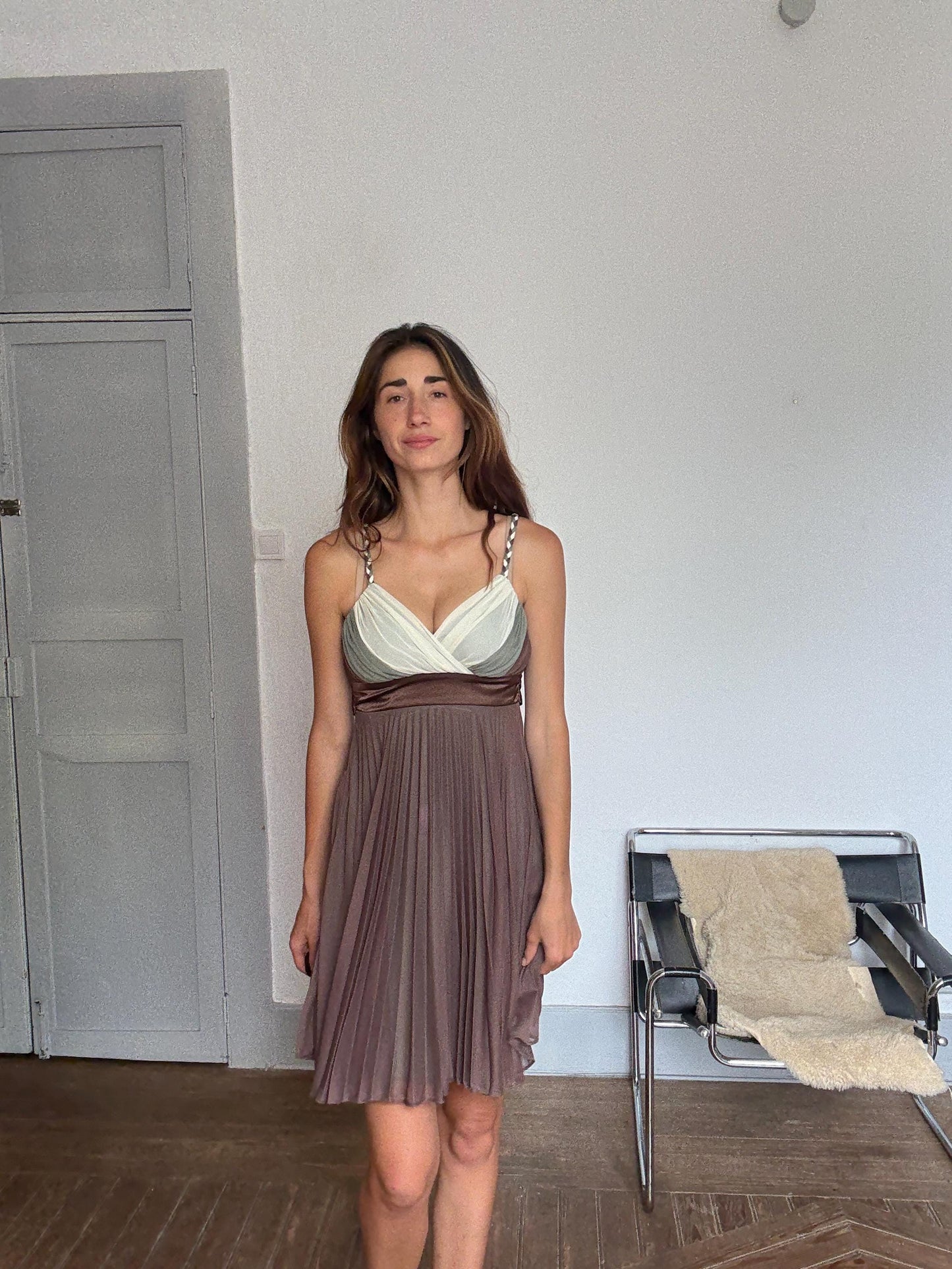 Y2K Pleated Mini Dress – Sheer Brown Colorblock – Vintage 2000s Party Dress with Braided Straps – Upcycle Project Size EU 38