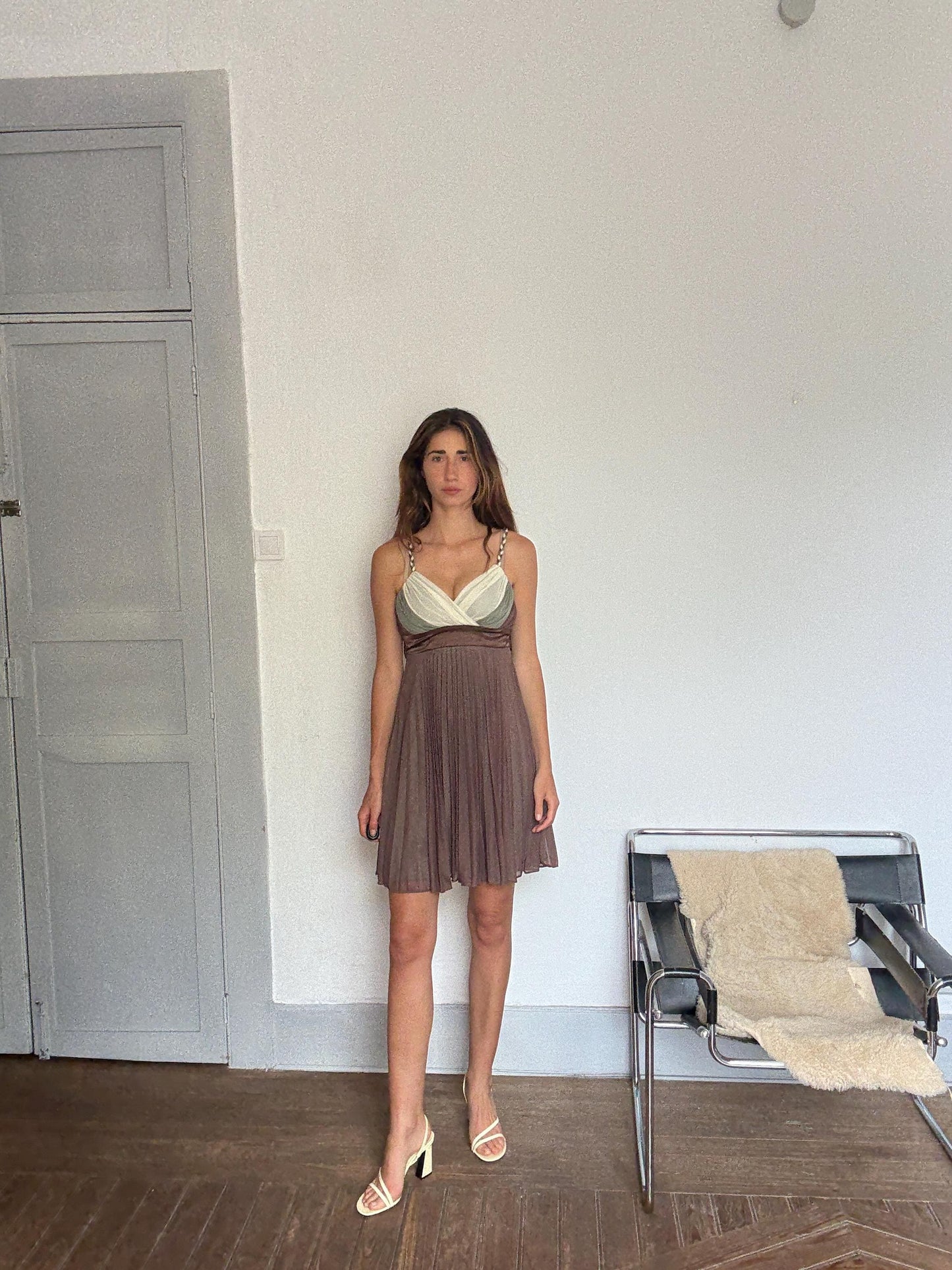 Y2K Pleated Mini Dress – Sheer Brown Colorblock – Vintage 2000s Party Dress with Braided Straps – Upcycle Project Size EU 38