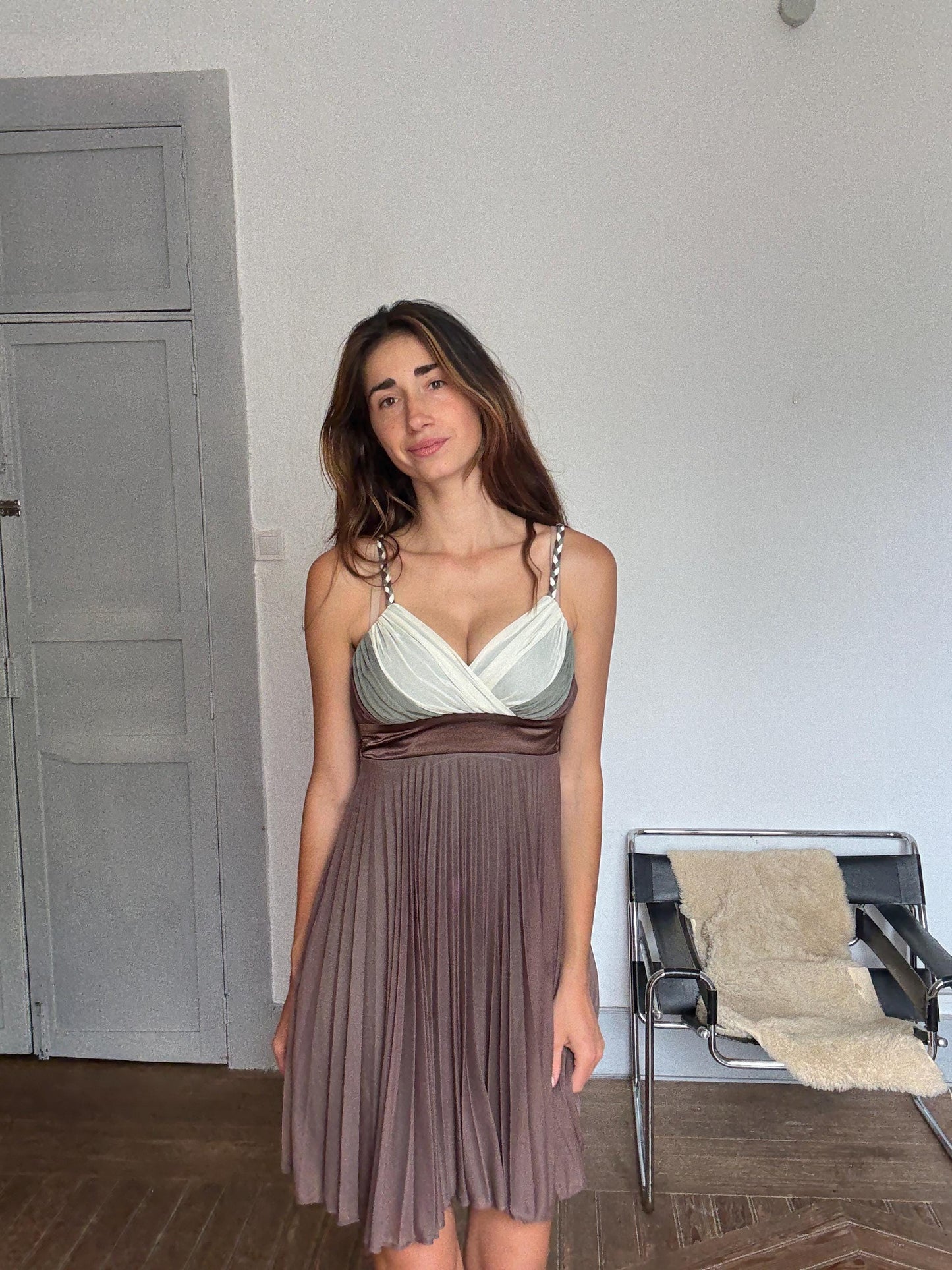 Y2K Pleated Mini Dress – Sheer Brown Colorblock – Vintage 2000s Party Dress with Braided Straps – Upcycle Project Size EU 38
