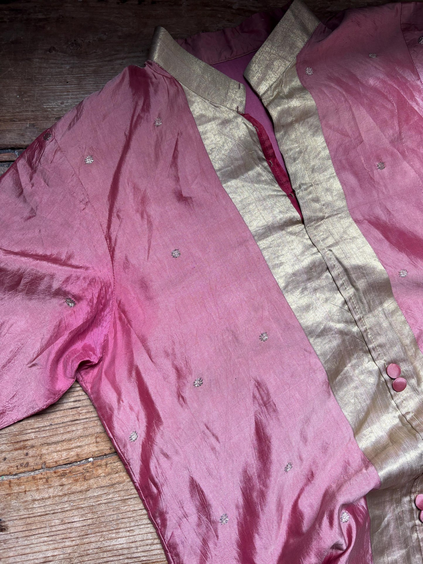 Vintage Indian pure silk dusty pink & gold dress – breathable lined kurta tunic, elegant boho luxury, one of a kind