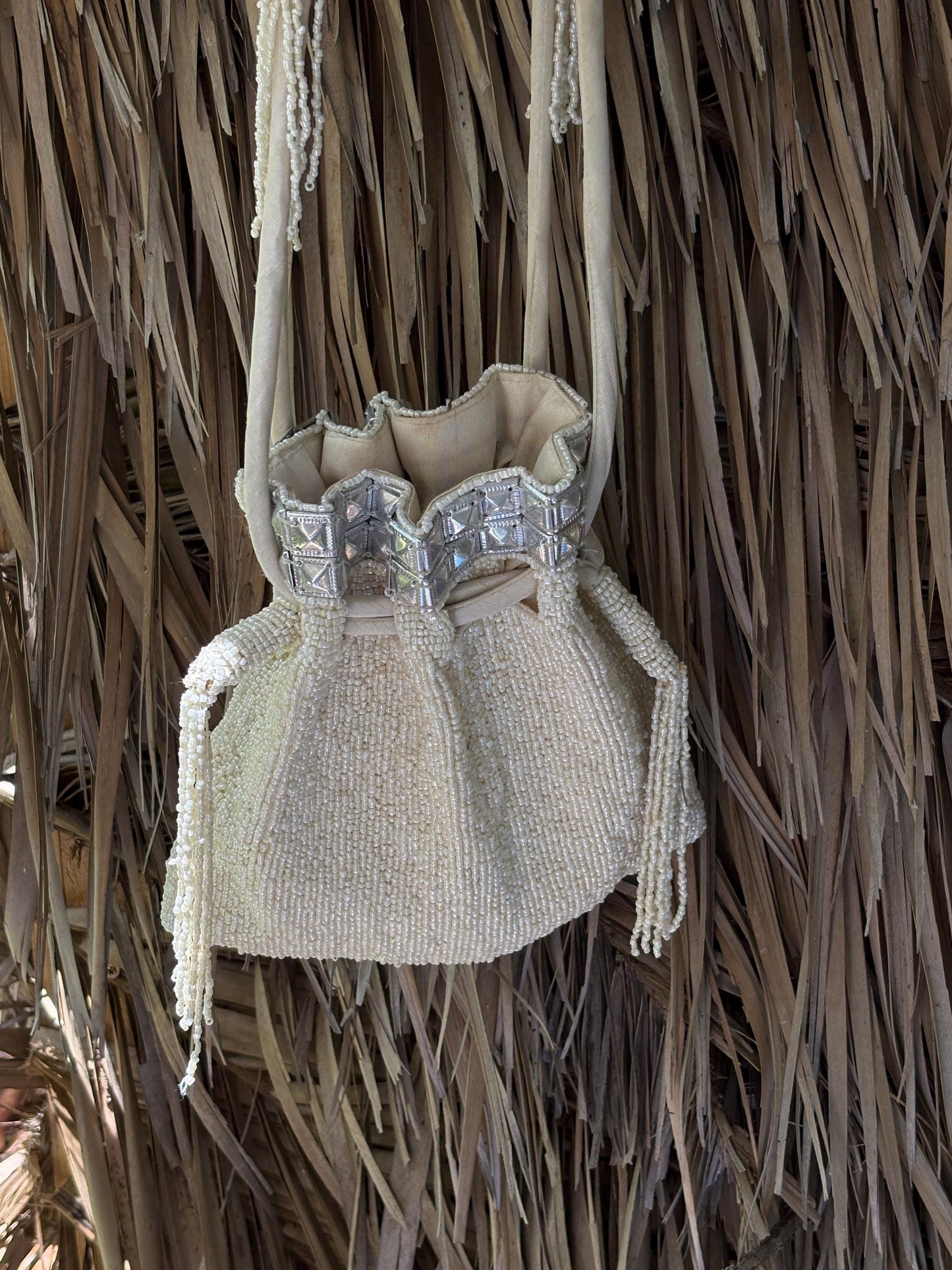 Vintage ivory beaded evening bag with sequin details and tassels – romantic 1920s-inspired drawstring pouch purse