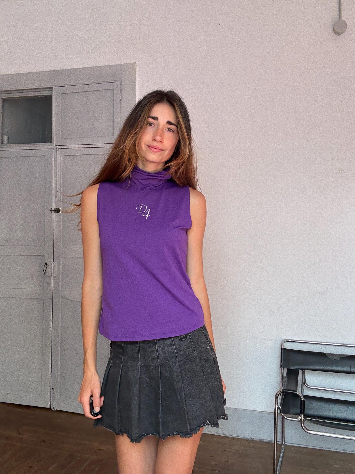 Y2K Purple Rhinestone Turtleneck Top – Vintage Division 4 Sleeveless Camisole – Made in Spain, Size L