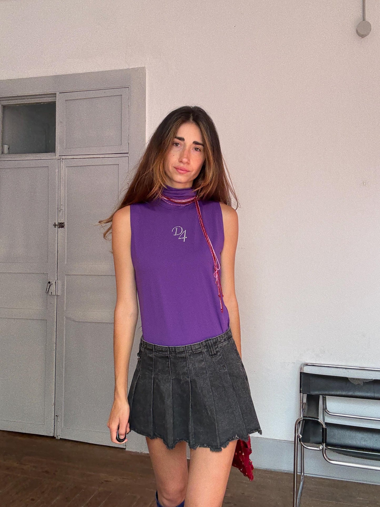 Y2K Purple Rhinestone Turtleneck Top – Vintage Division 4 Sleeveless Camisole – Made in Spain, Size L