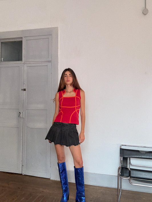 Y2K Vintage Futuristic Panel Top – Cyber Tank with Contrast Stitch – Spacecore Club Kid Aesthetic – Christina Milian Style, Size L