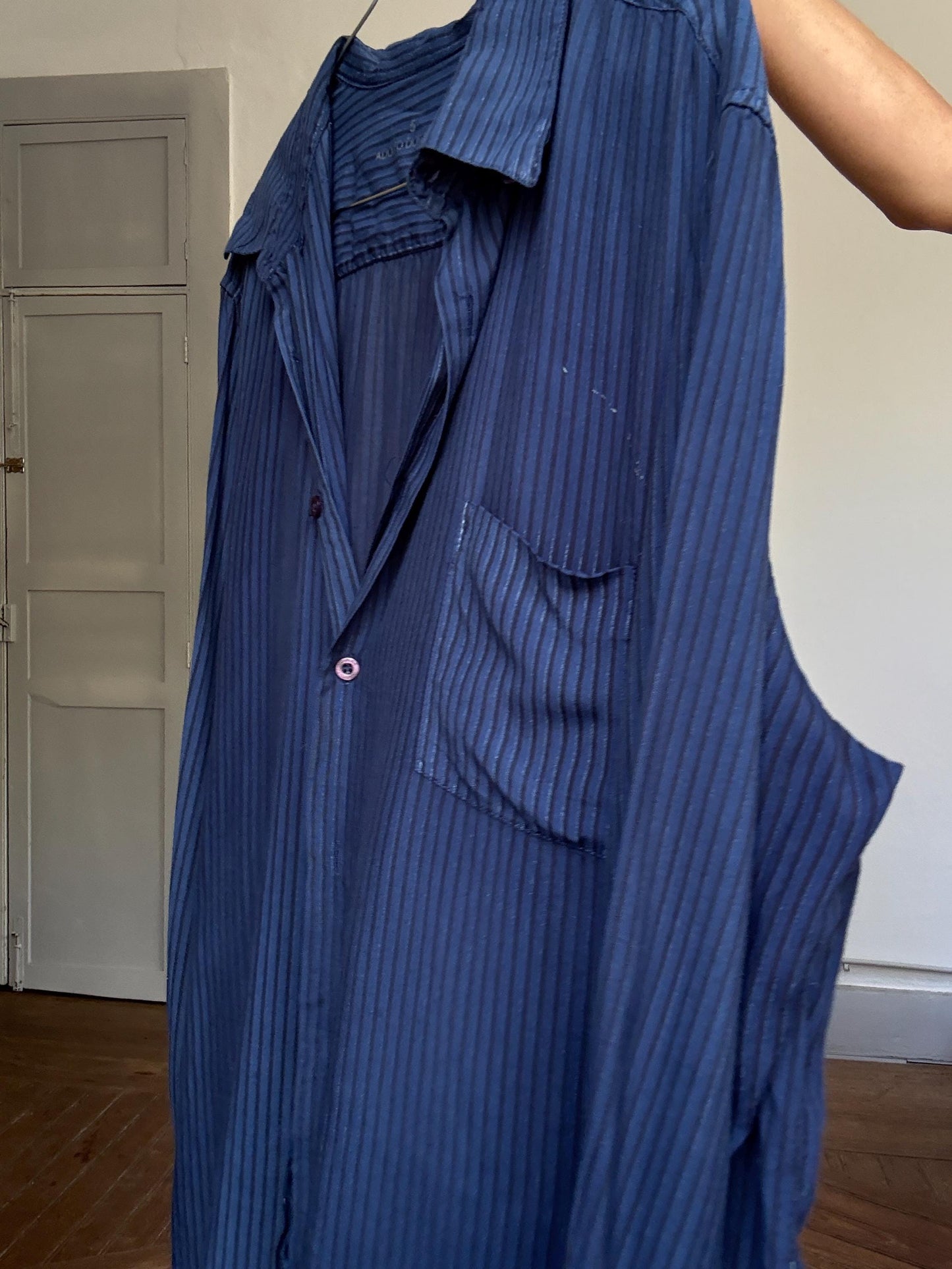 Vintage Adolfo Dominguez Navy Striped Shirt – 90s Minimalist Fit, Kate Moss Style, Sheer Viscose, Oversized Look Size L-XL