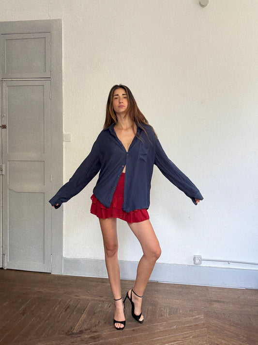 Vintage Adolfo Dominguez Navy Striped Shirt – 90s Minimalist Fit, Kate Moss Style, Sheer Viscose, Oversized Look Size L-XL