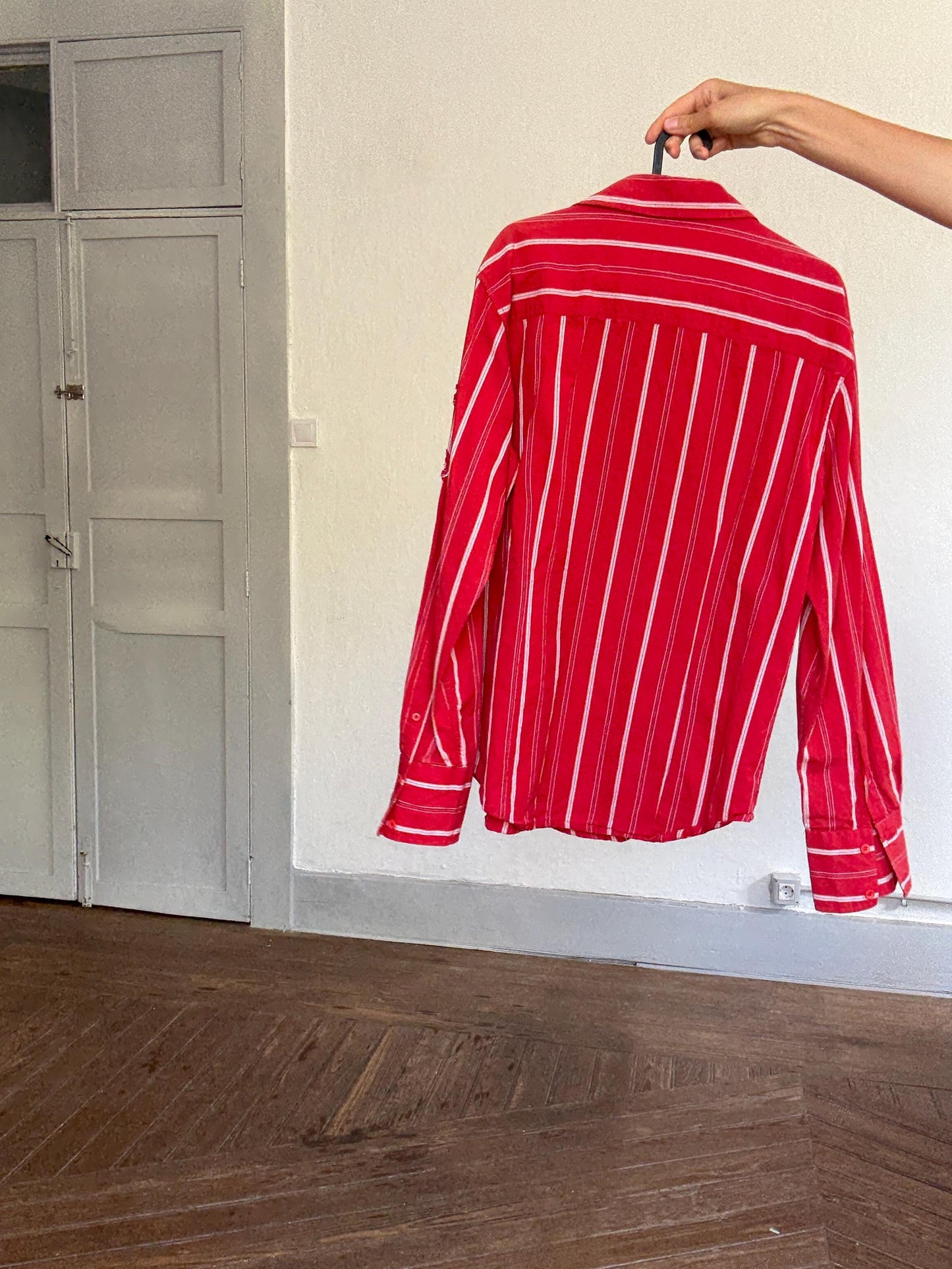 Vintage Desigual red & white striped cotton button up shirt – size L, unisex fit, bold print, Y2K style,