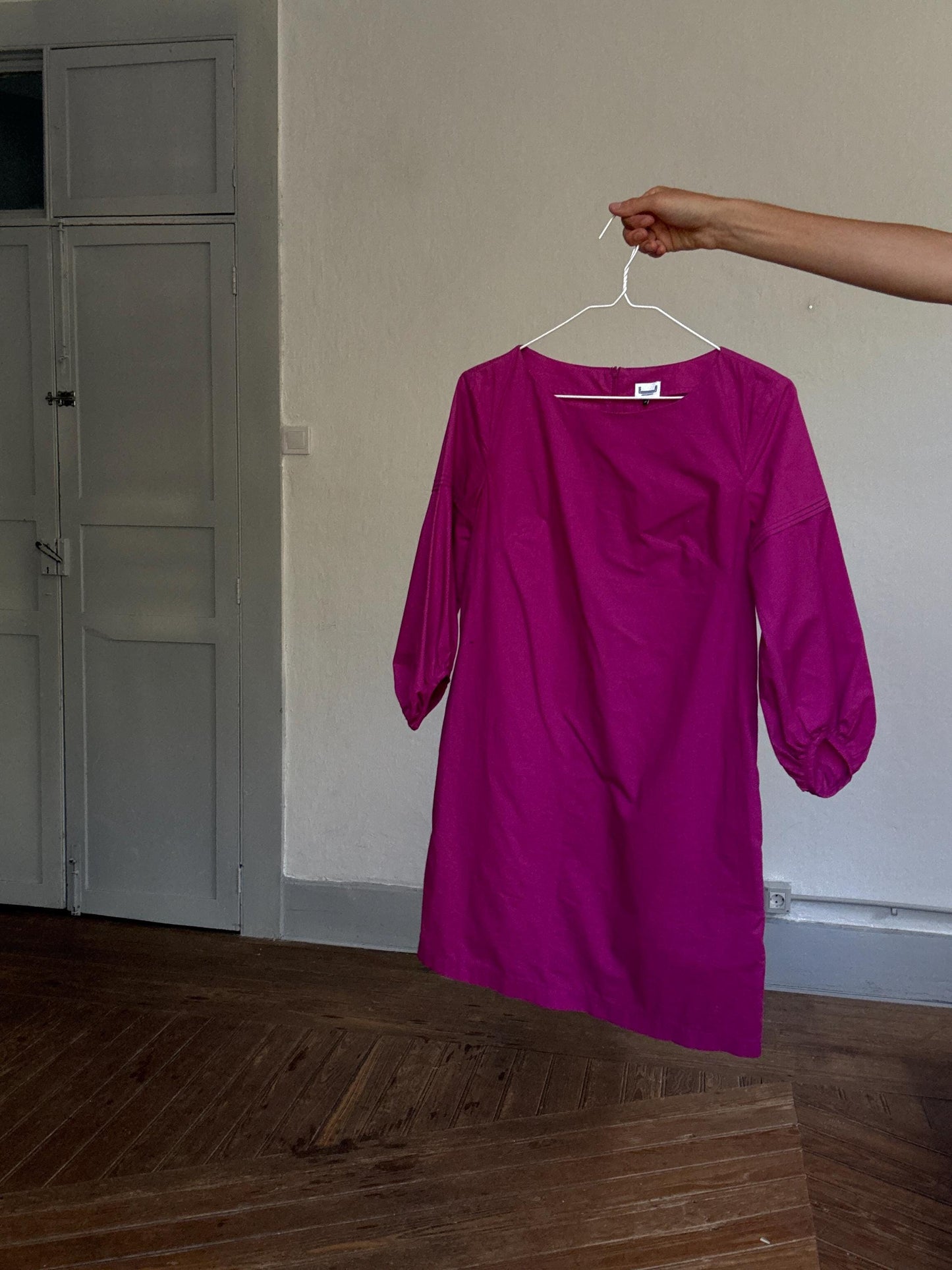 Adolfo Dominguez pink cotton mini dress, puff sleeve party dress, Spanish designer piece, Size S