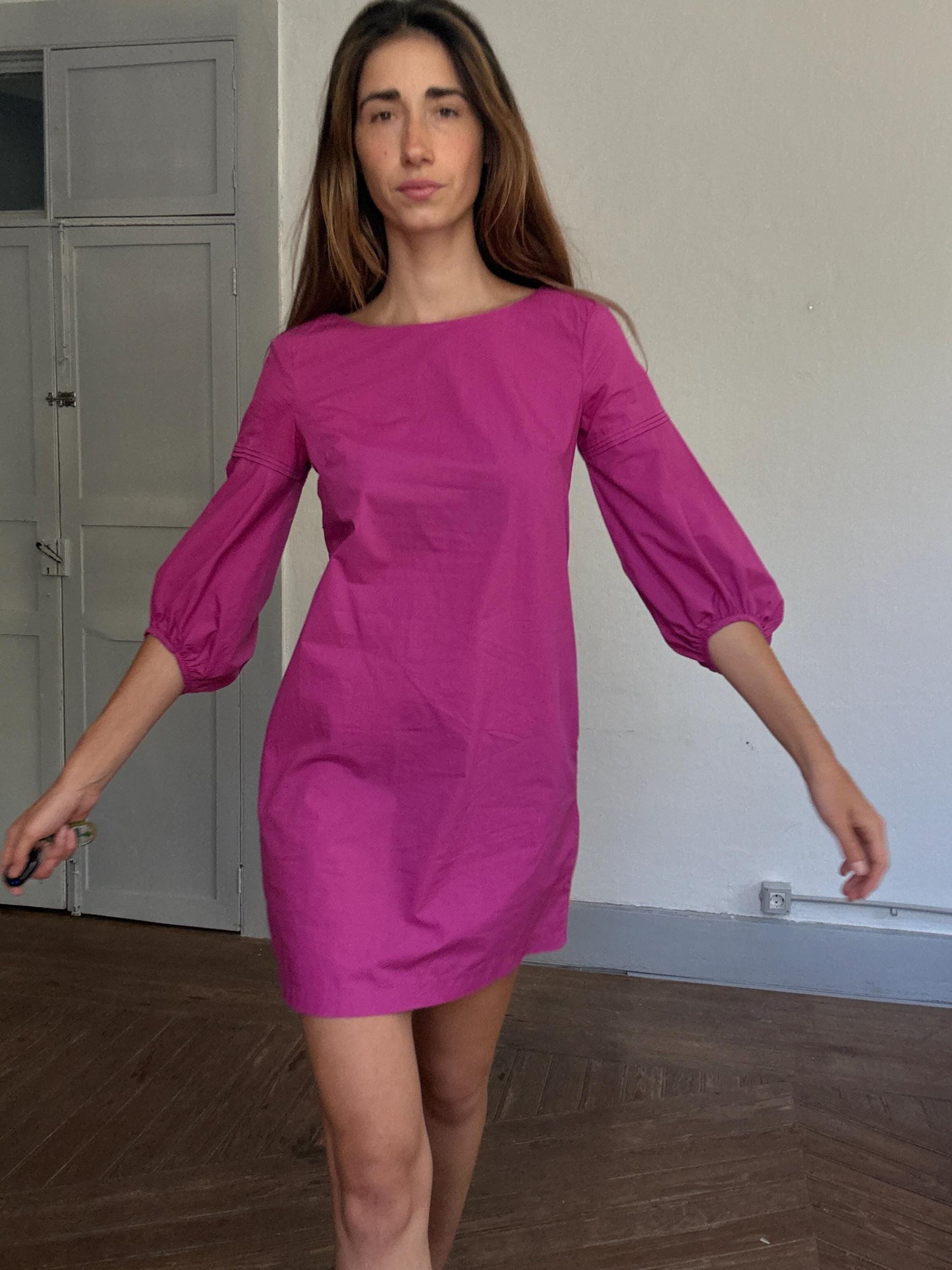 Adolfo Dominguez pink cotton mini dress, puff sleeve party dress, Spanish designer piece, Size S