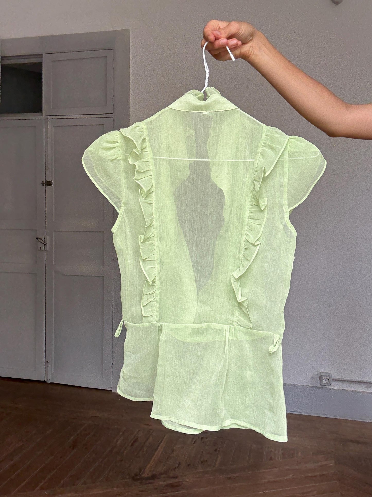 Vintage green ruffle blouse sheer mesh preppy coquette style top, Size XS - S