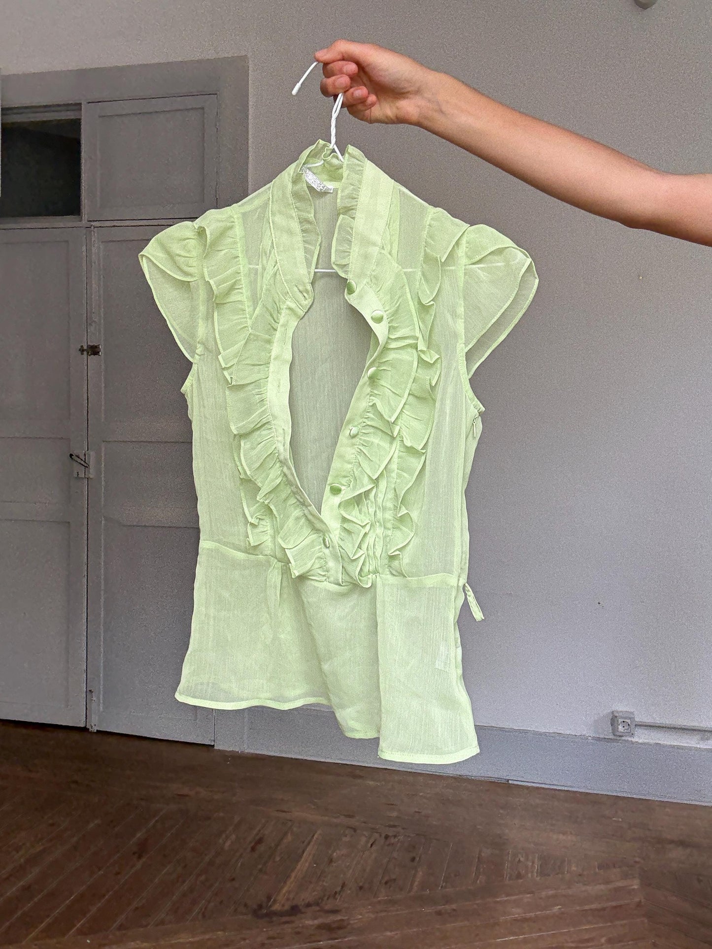 Vintage green ruffle blouse sheer mesh preppy coquette style top, Size XS - S