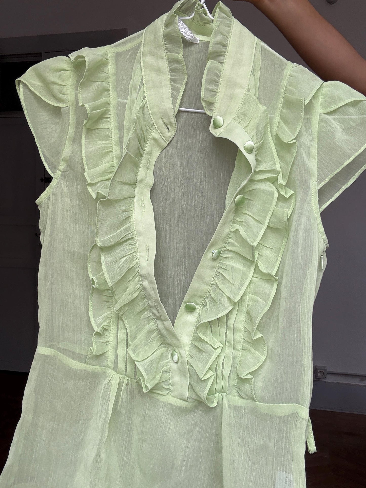 Vintage green ruffle blouse sheer mesh preppy coquette style top, Size XS - S
