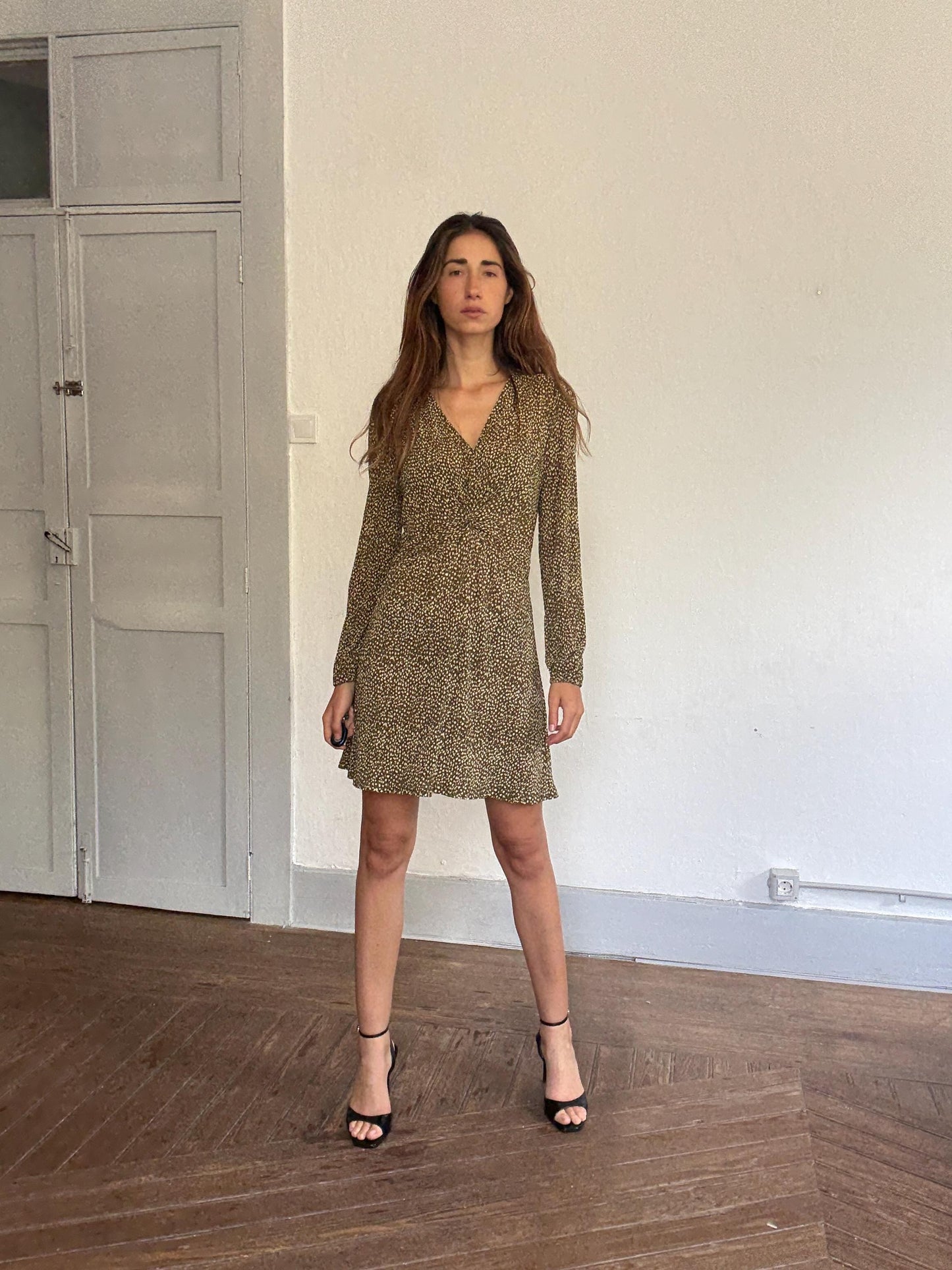 Olive Floral Mini Dress With Sheer Sleeves — additional view 11