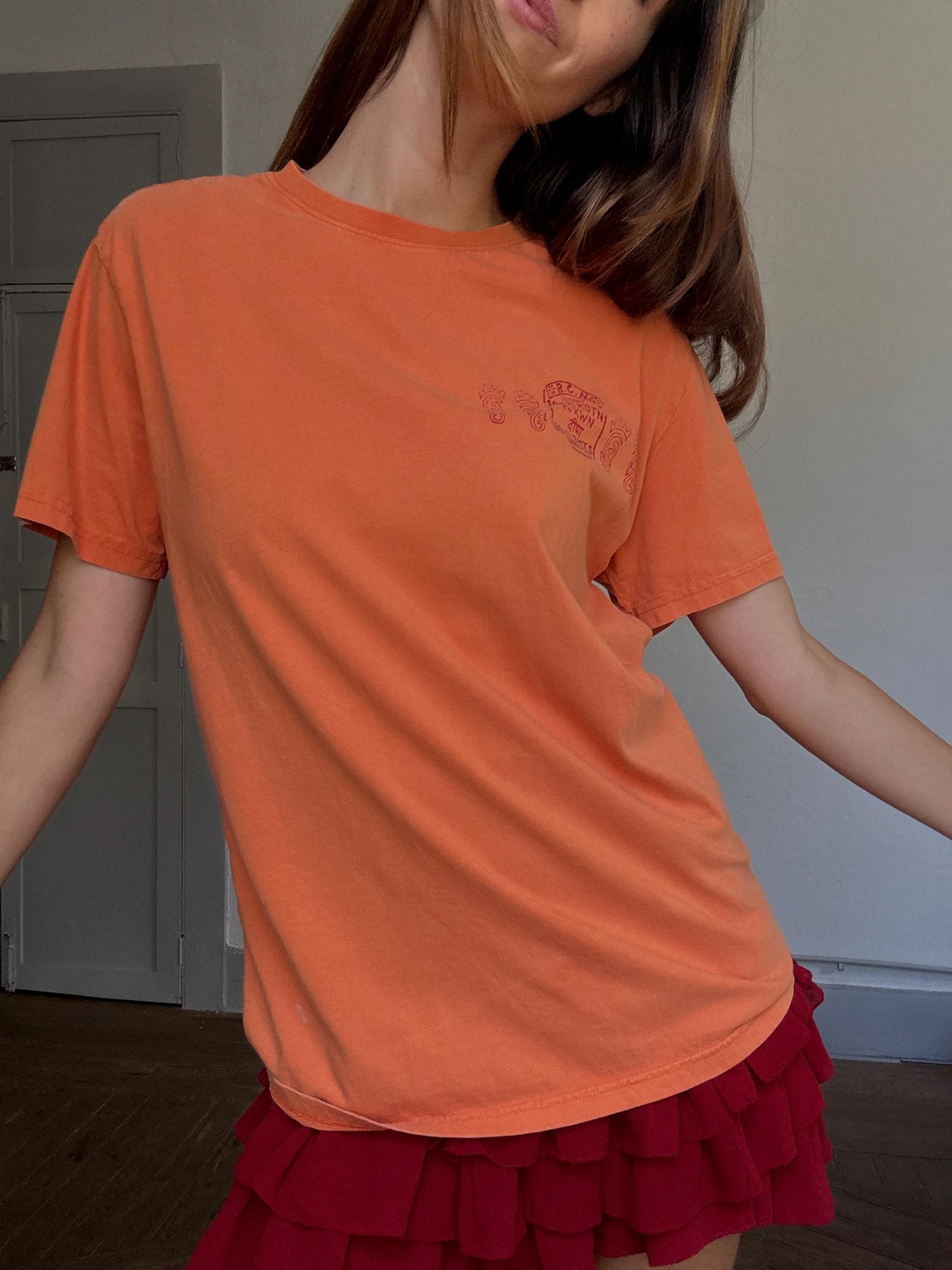 Desigual orange cotton t-shirt – “Free Life” bold back print, lizard graphic, retro 90s style tee with front logo, size M
